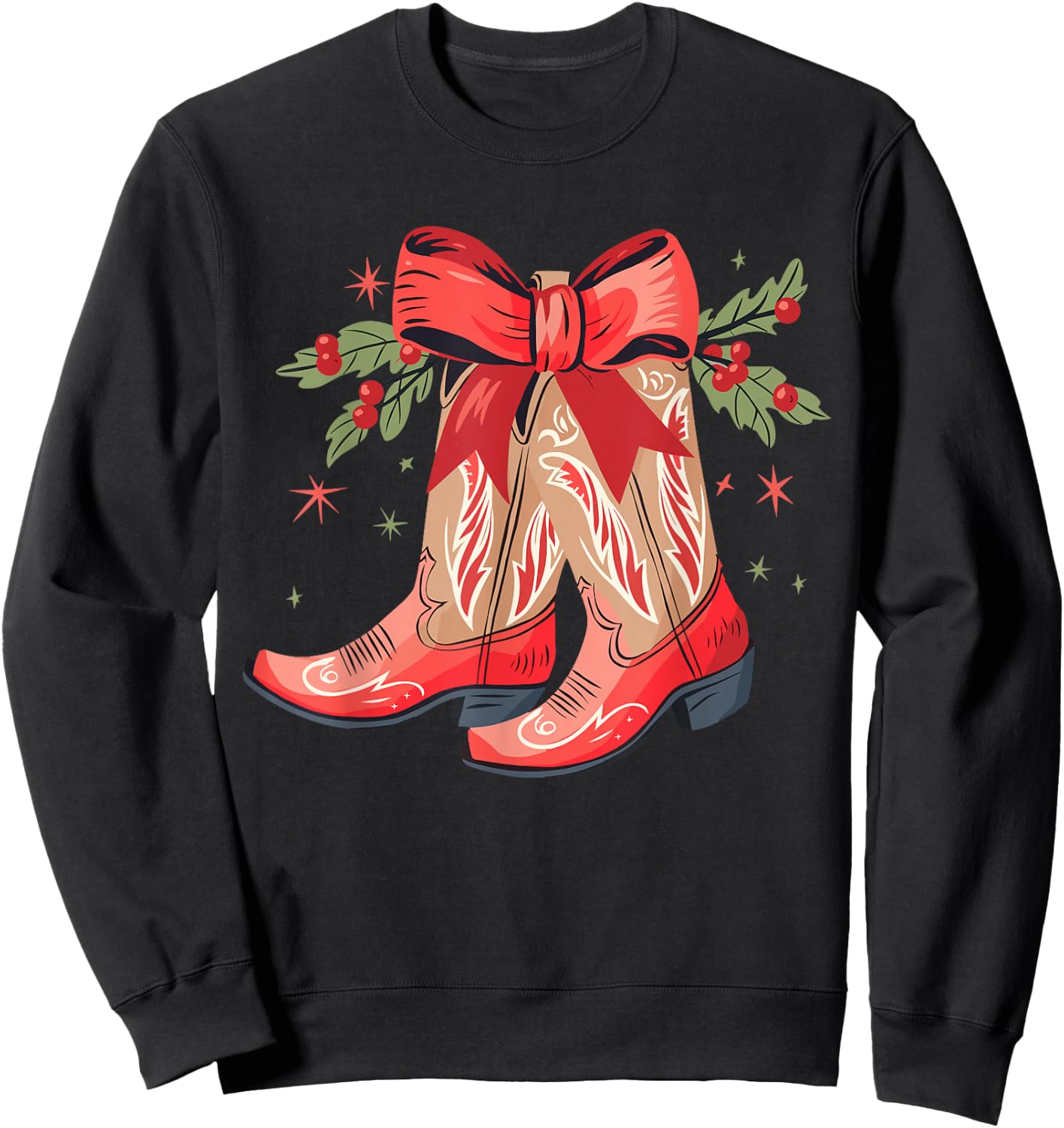 Merry And Bright Cowgirl Boot Christmas Western Cowboy Sweatshirt - Sweatshirt | Black