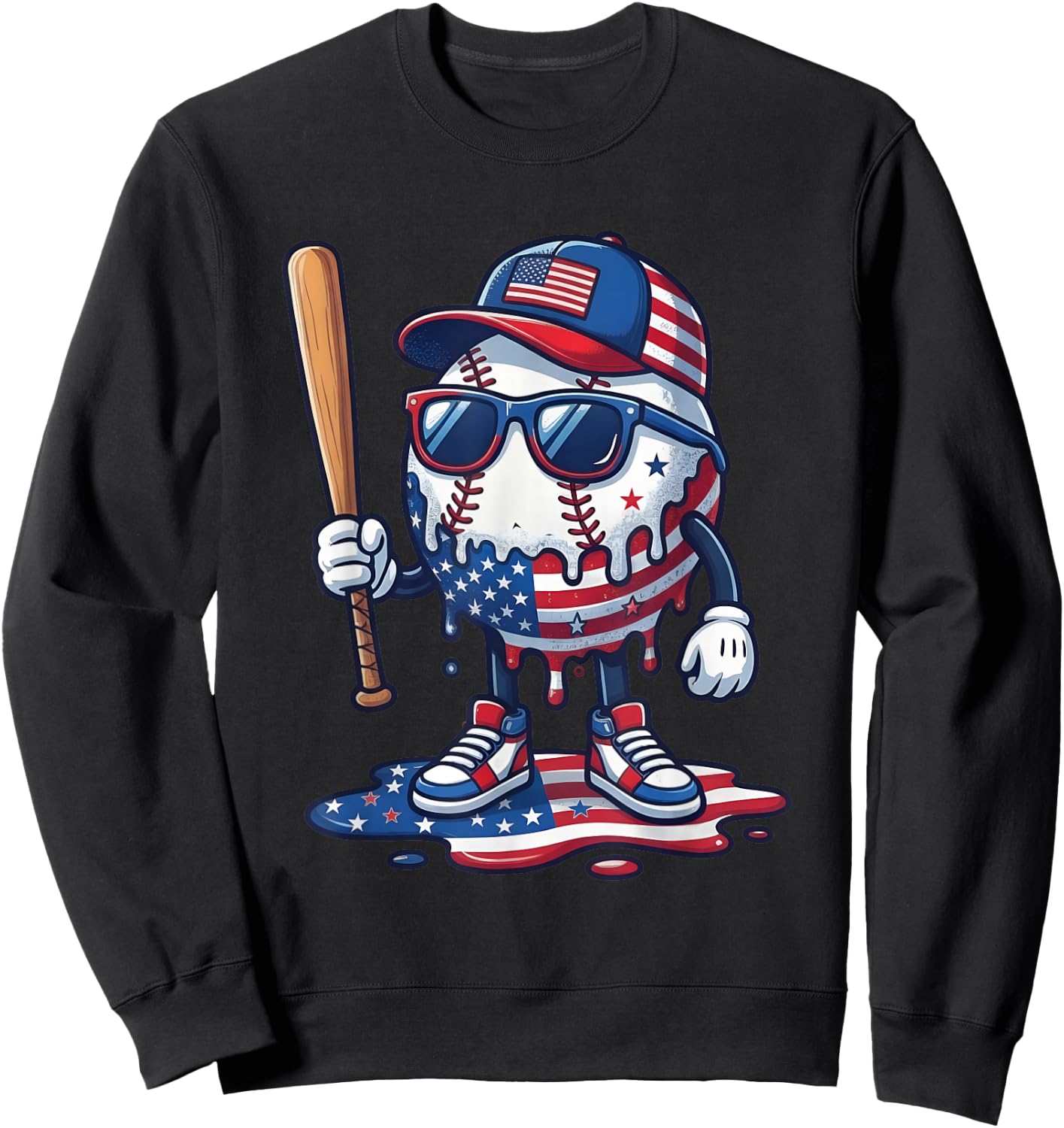 Baseball Drip Ice Cream Boys 4th of July American USA Flag Sweatshirt - Sweatshirt | Black