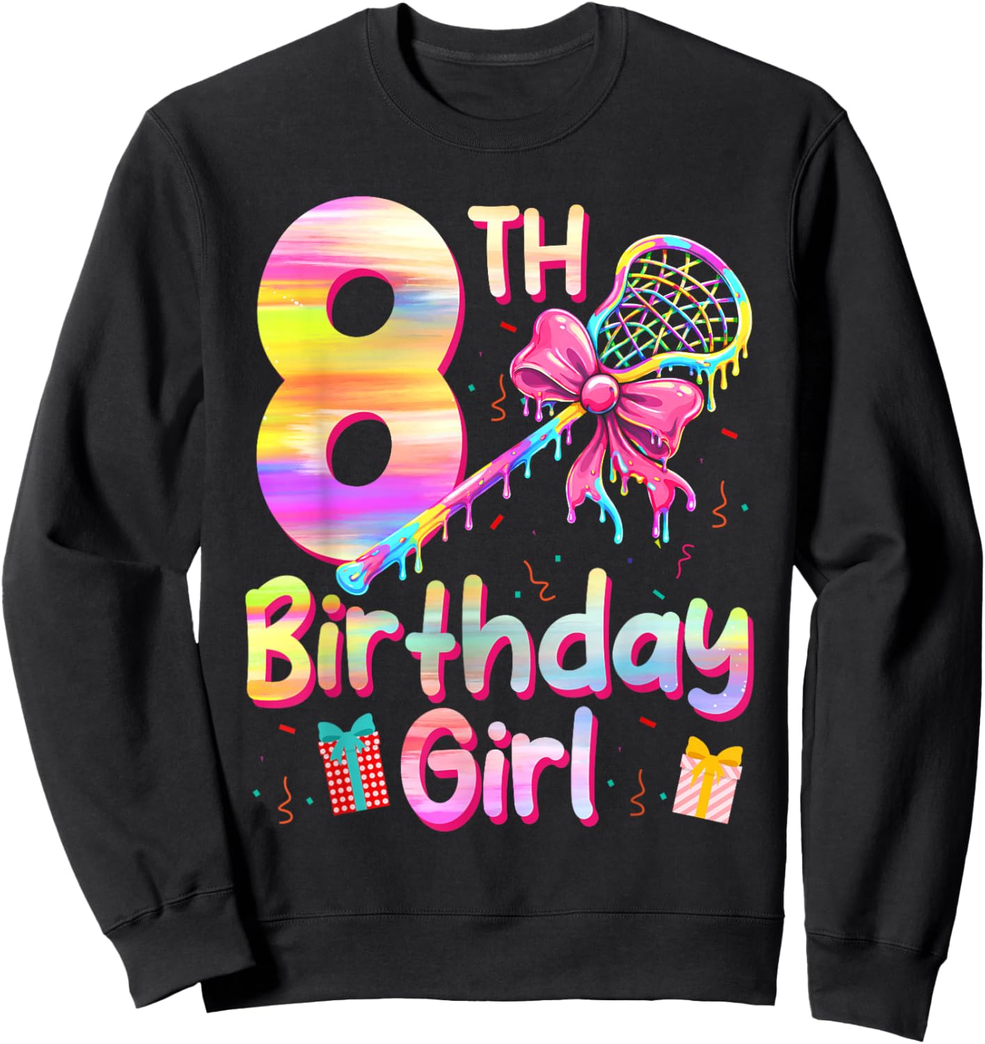 8th Lax Birthday Lacrosse Ice Cream Drip 8 Years Girl Sweatshirt - Sweatshirt | Black