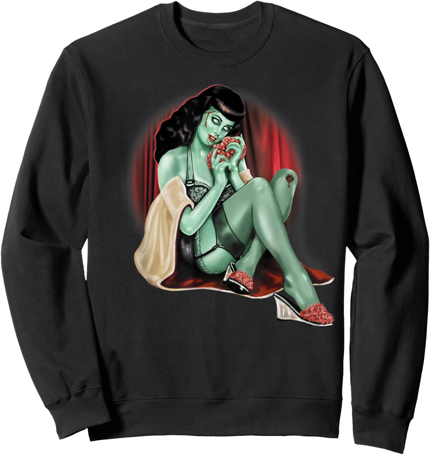 Zombie Pin-Up Model Adult T Shirt Sweatshirt - Sweatshirt | Black