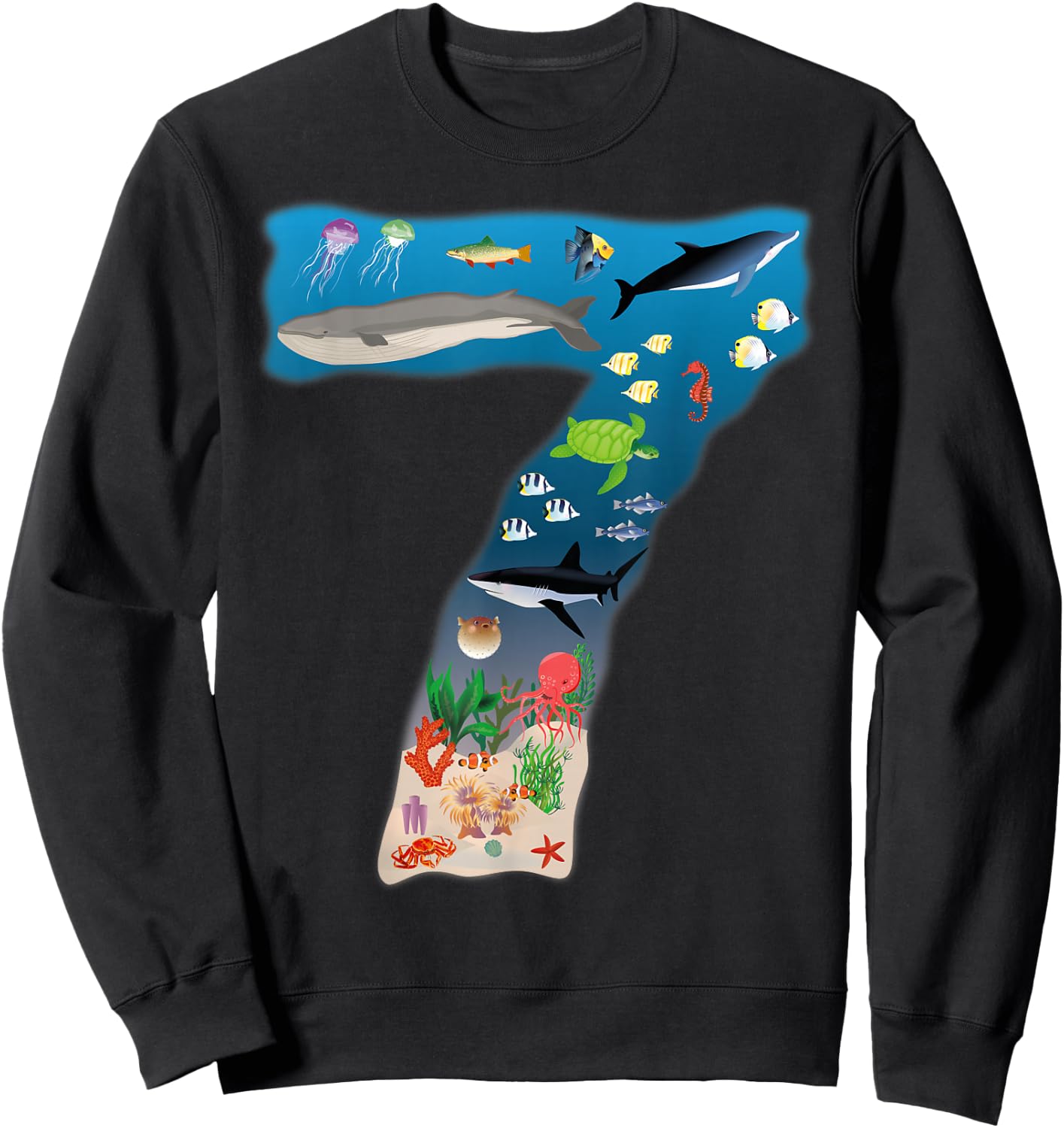 Under Sea REALISTIC Fish Starfish Seventh number 7 Sweatshirt - Sweatshirt | Black