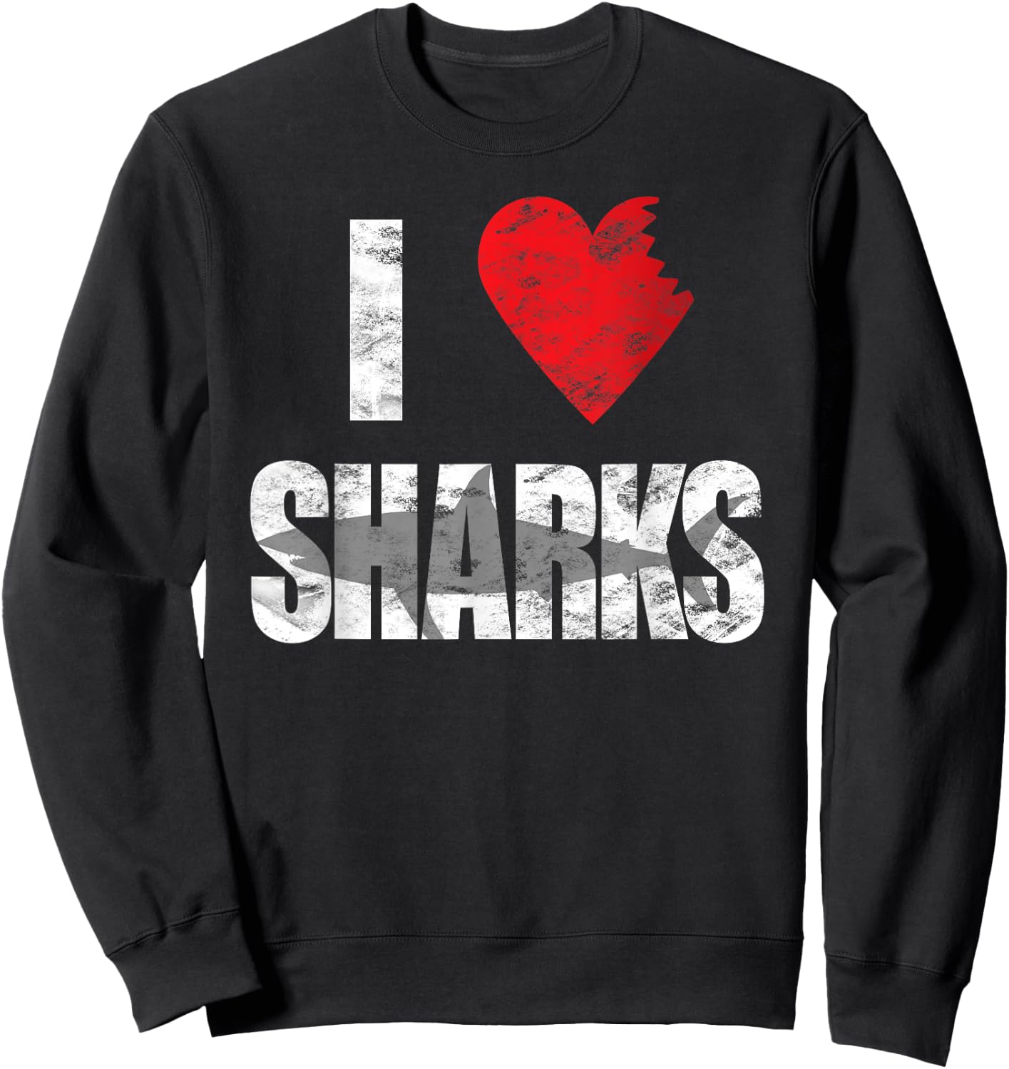 I Love Sharks Cool Shark Bite Heart Distressed Sweatshirt - Sweatshirt | Black