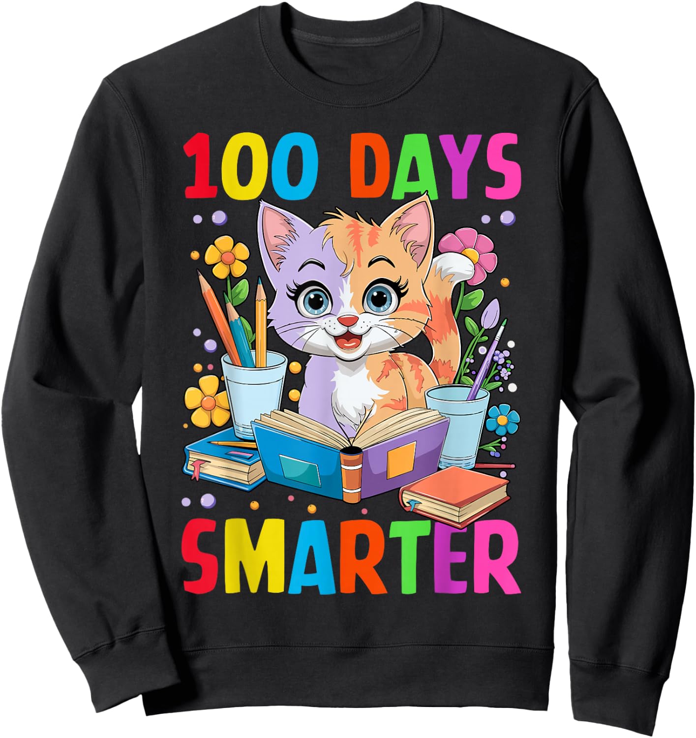 100 Days of School Cute Cat Boys Girls Kid 100th Day Teacher Sweatshirt - Sweatshirt | Black