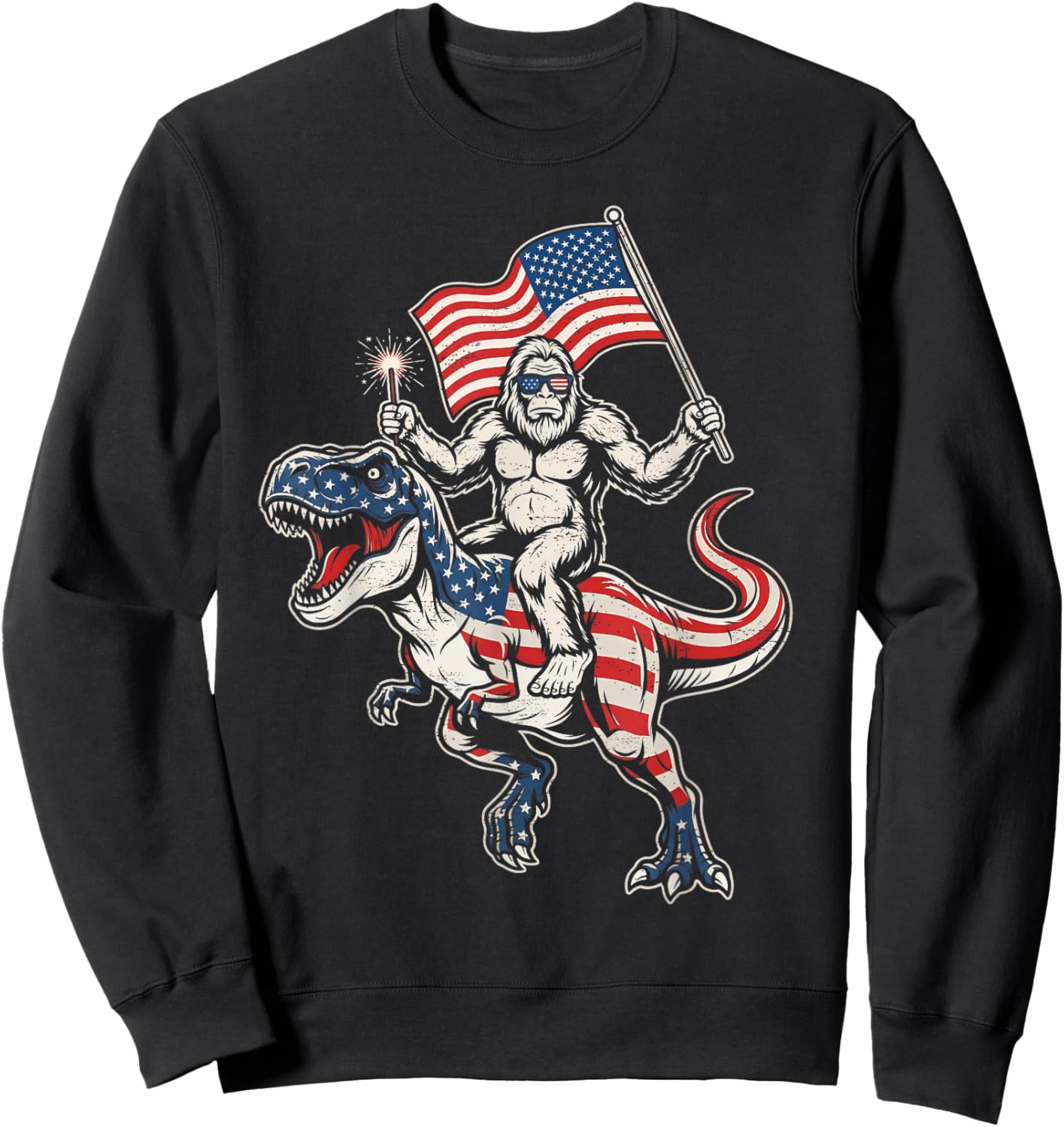 4th of July Patriotic Bigfoot Sasquatch Riding T-Rex Sweatshirt - Sweatshirt | Black