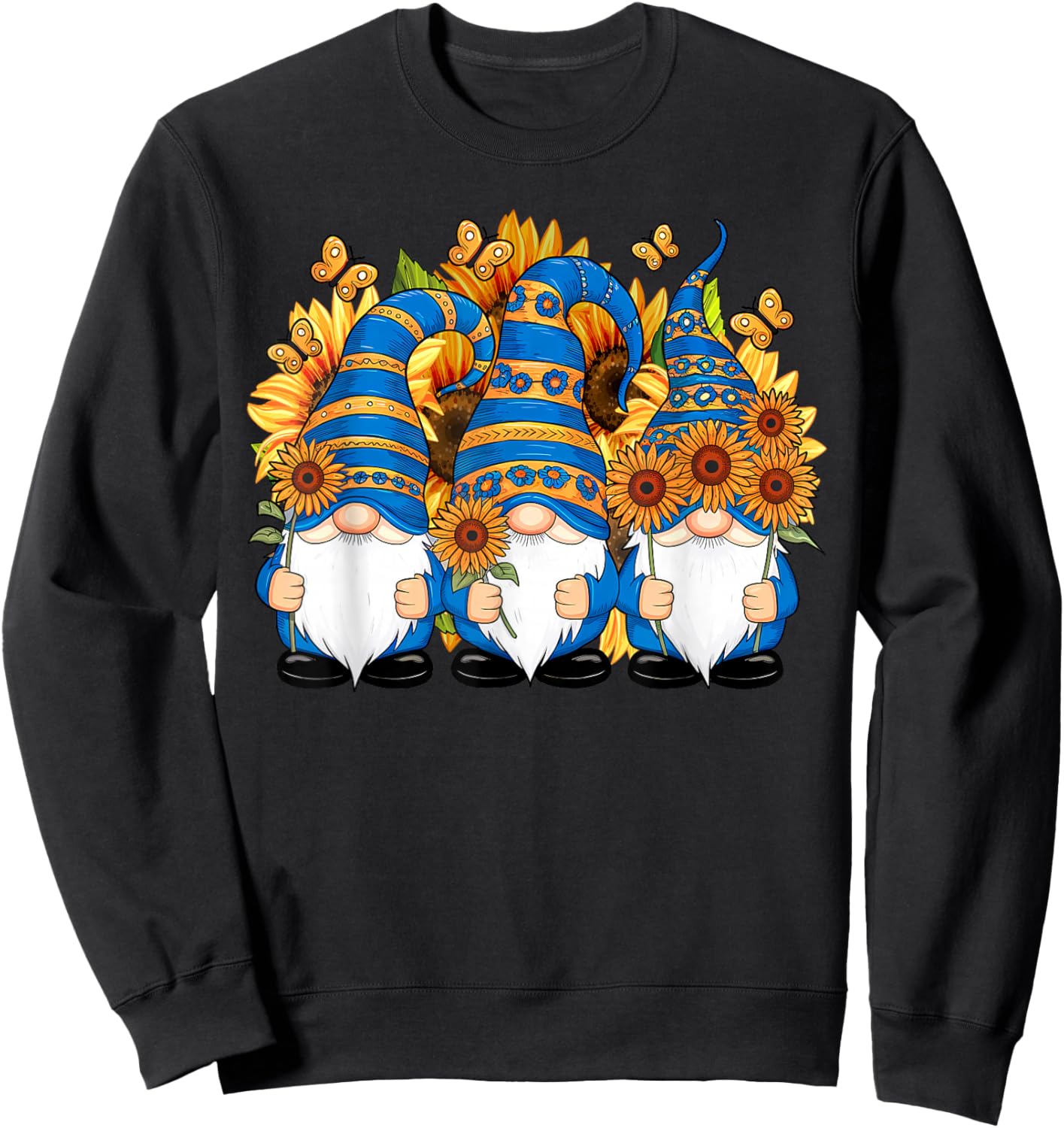 Cute Gnomes With Sunflower Butterfly Gardeners Summer Floral Sweatshirt - Sweatshirt | Black