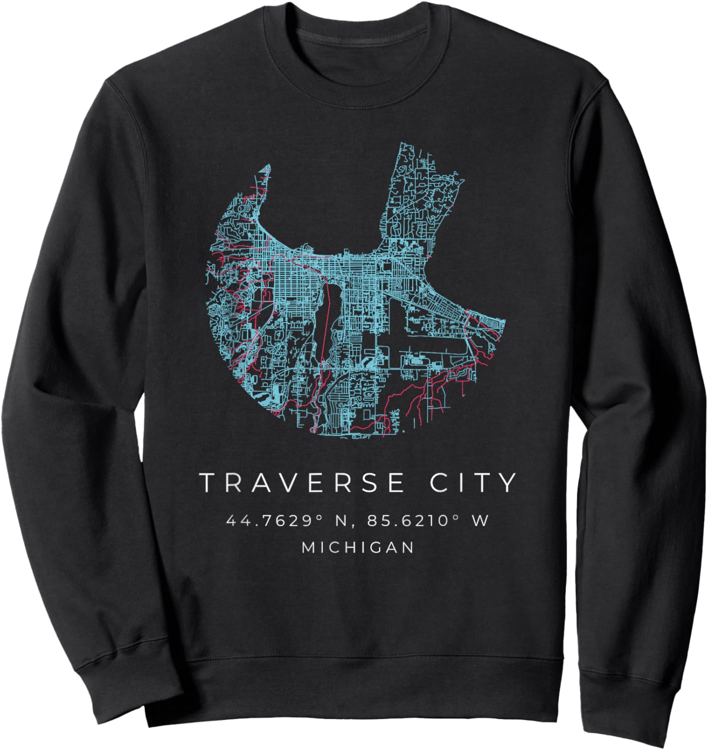 Traverse City Michigan Map Art Graphic with Coordinates Sweatshirt - Sweatshirt | Black