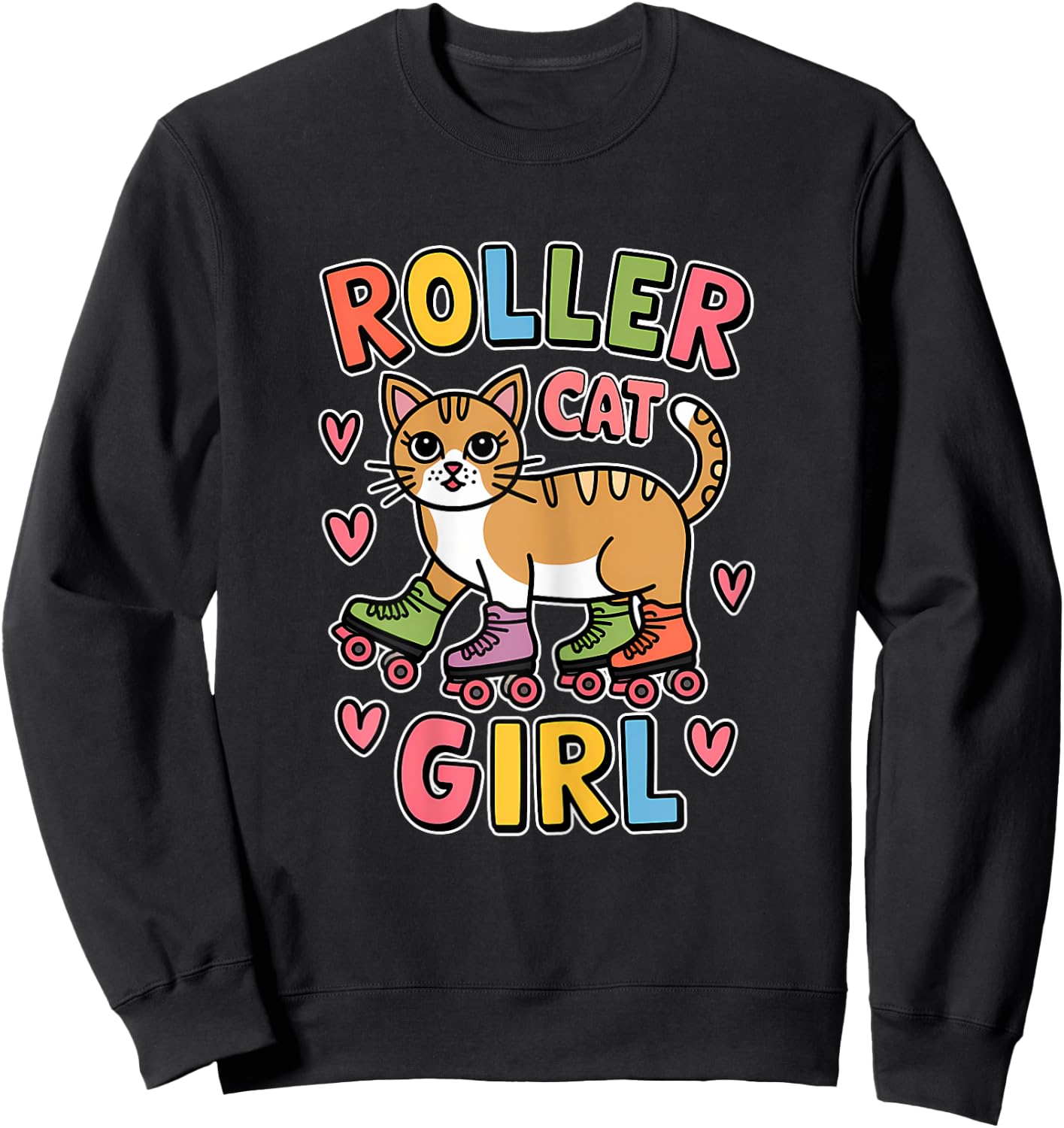 Roller Cat Girl Skating Cat Funny Roller Skating Sweatshirt - Sweatshirt | Black