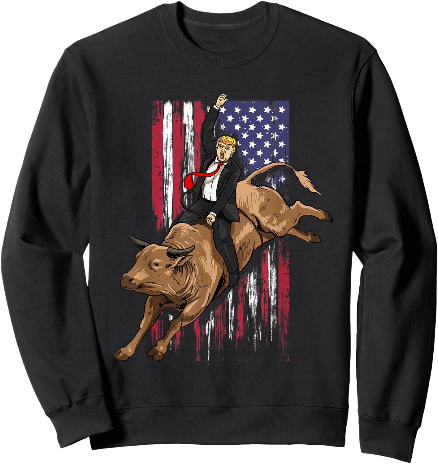Rodeo Bull Rider Trump American Flag Cowboy Bull Riding Sweatshirt - Sweatshirt | Black