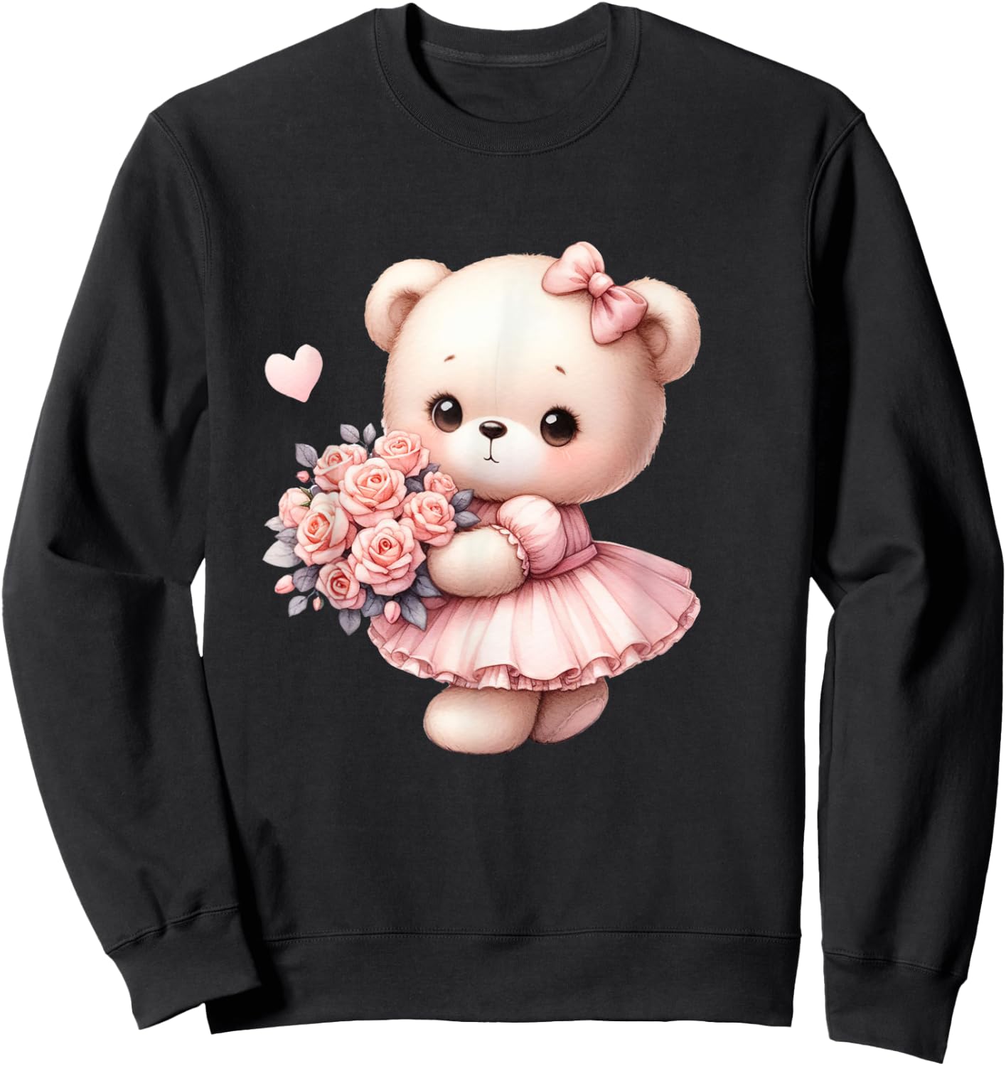 Coquette Teddy Bear Bow Simple Pink Cute Girl Sweatshirt - Sweatshirt | Black
