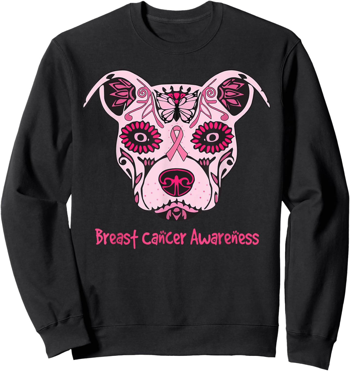 Sugar Pitbull Dog Breast Cancer Awareness Day Of The Dead Men Women Girls Kids Sweatshirt - Sweatshirt | Black
