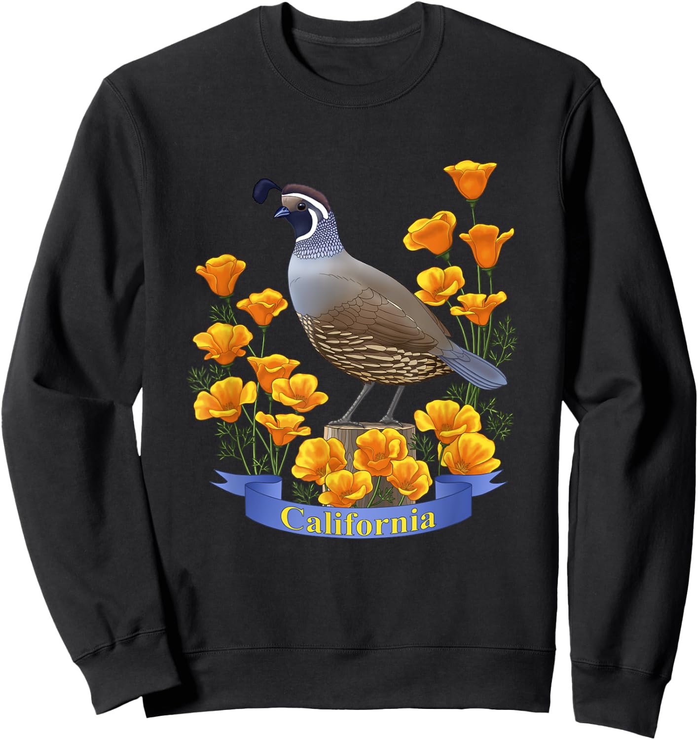 California Valley Quail State Bird & Golden Poppy Flowers Sweatshirt - Sweatshirt | Black