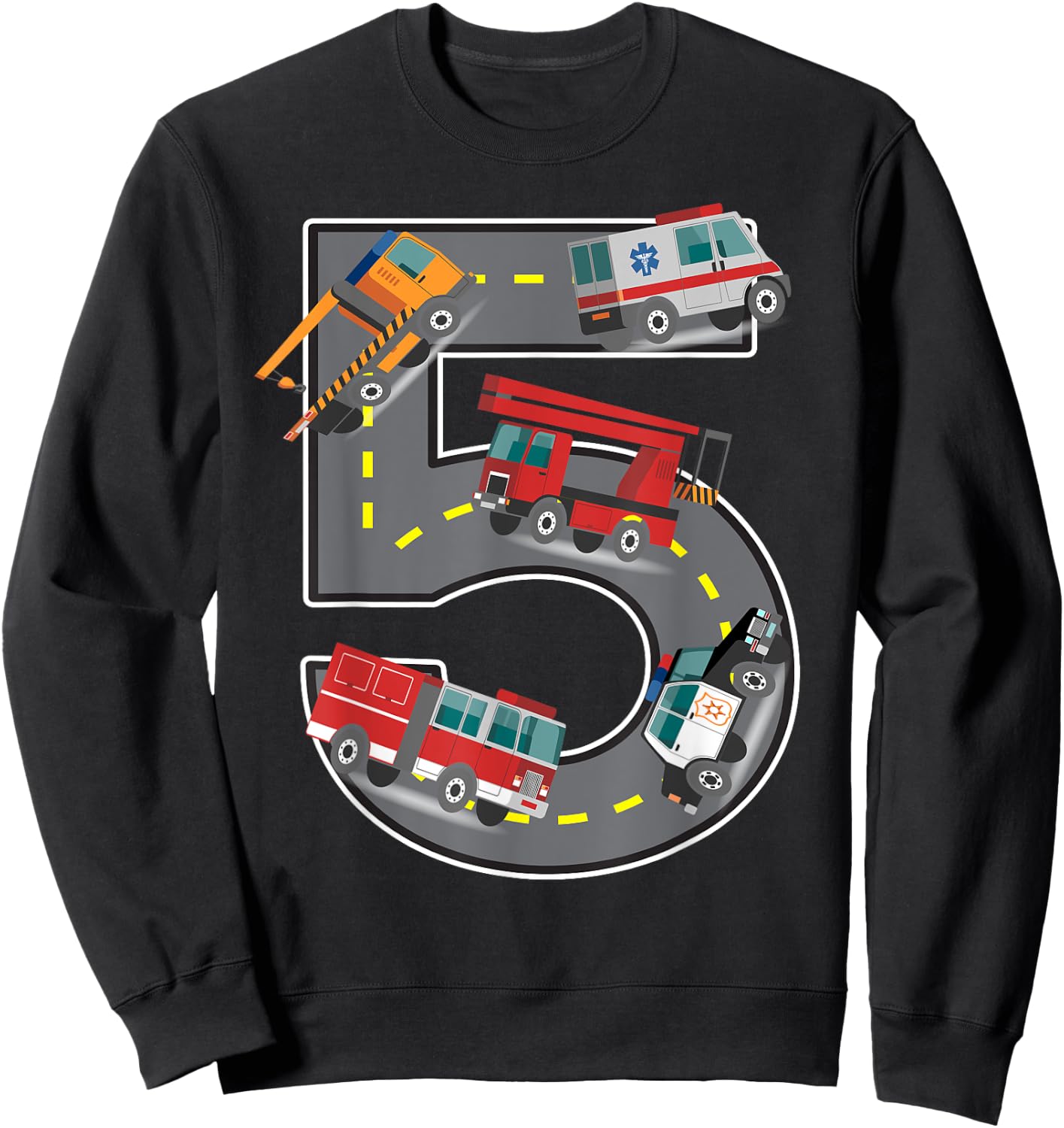 Five Year Old 5th Birthday Fire Truck Ambulance Police Car Sweatshirt - Sweatshirt | Black