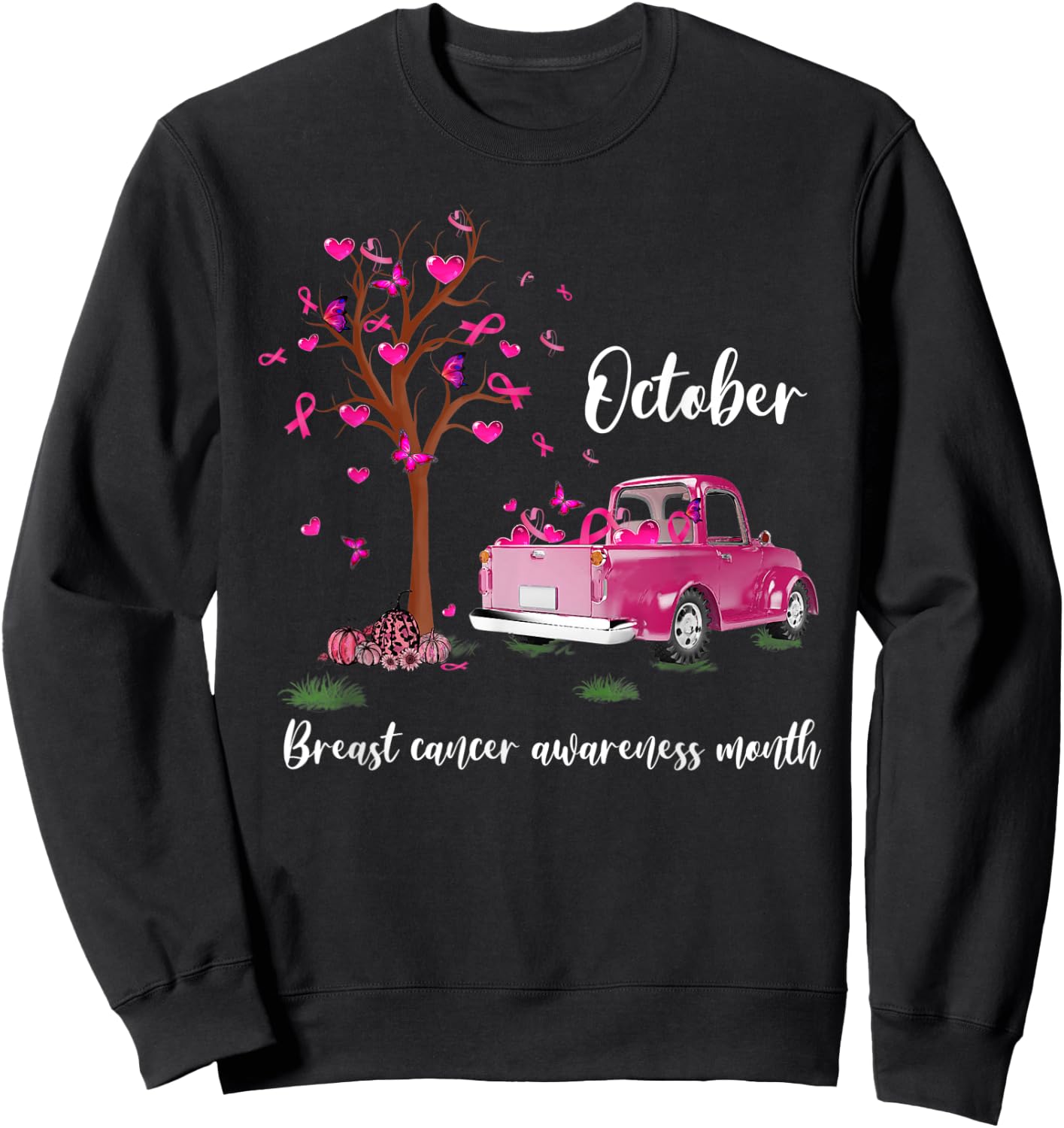 Pink Truck Pumpkin October Breast Cancer Awareness Month Sweatshirt - Sweatshirt | Black