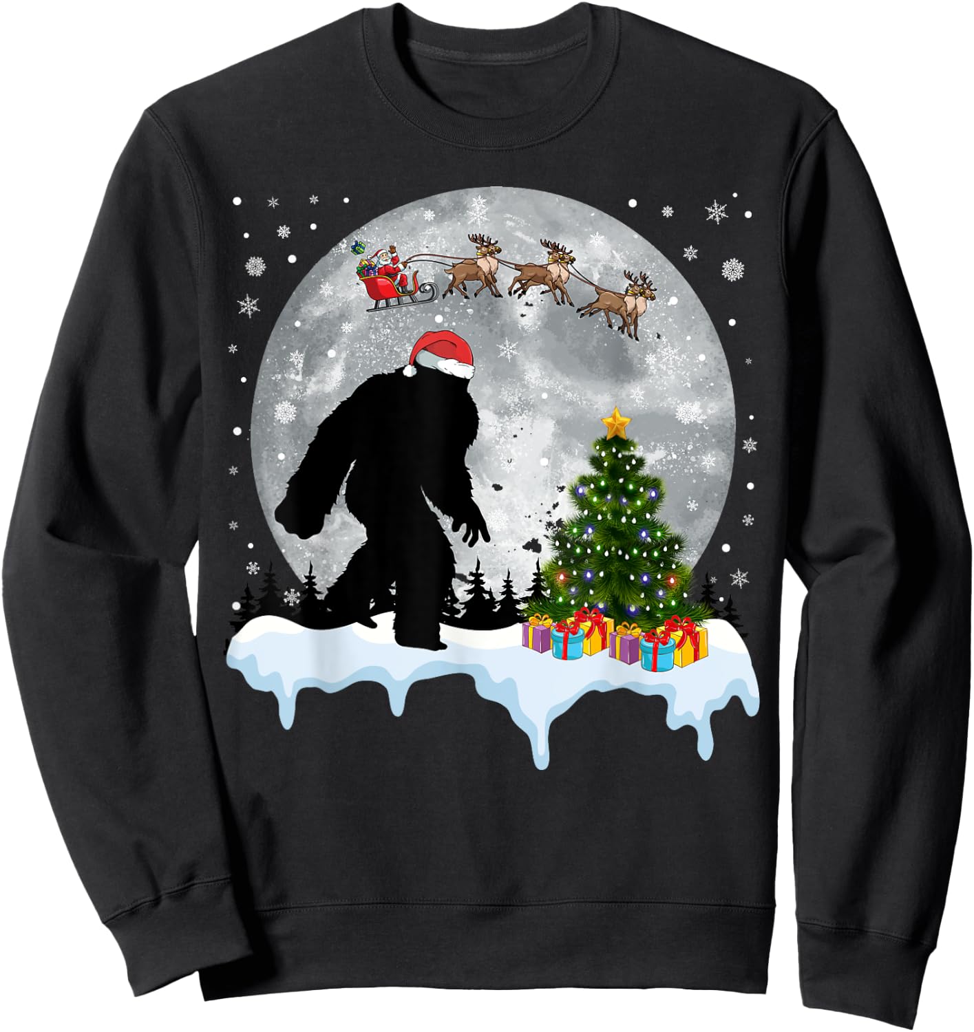 Christmas Bigfoot Santa Tree Sleigh Moon Reindeer Snow Sweatshirt - Sweatshirt | Black