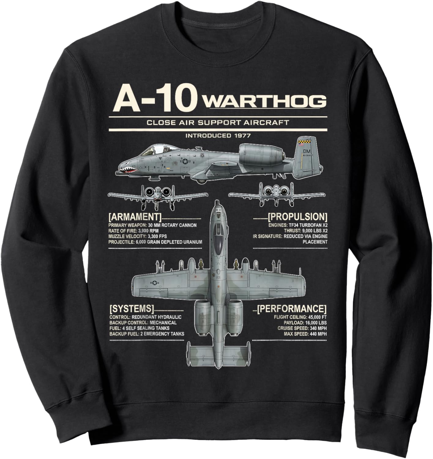 A-10 Warthog Military Jet Spec Infographic Sweatshirt - Sweatshirt | Black