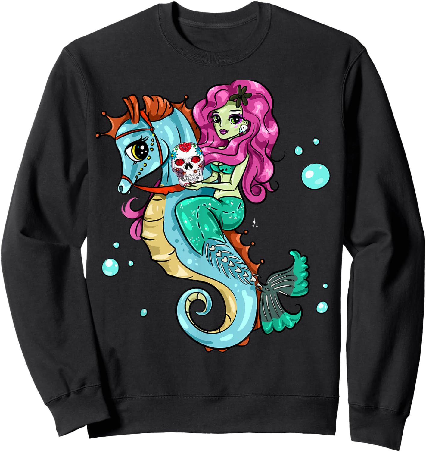 Halloween Skeleton Mermaid Sugar Skull Sea Horse Sweatshirt - Sweatshirt | Black