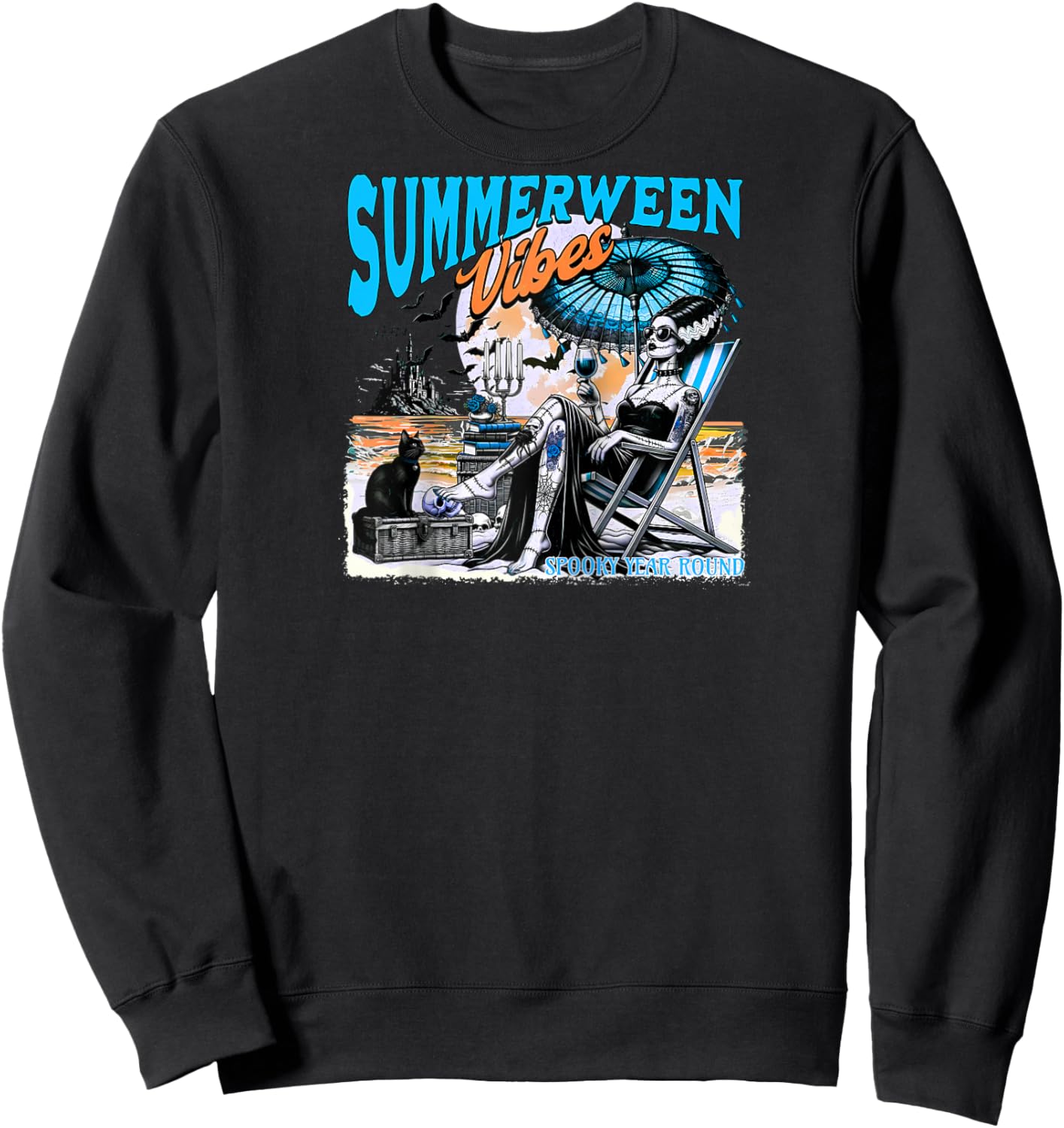 Bride Of Frankenstein, Summerween Vibes Spooky Year Round Raglan Baseball Sweatshirt - Sweatshirt | Black