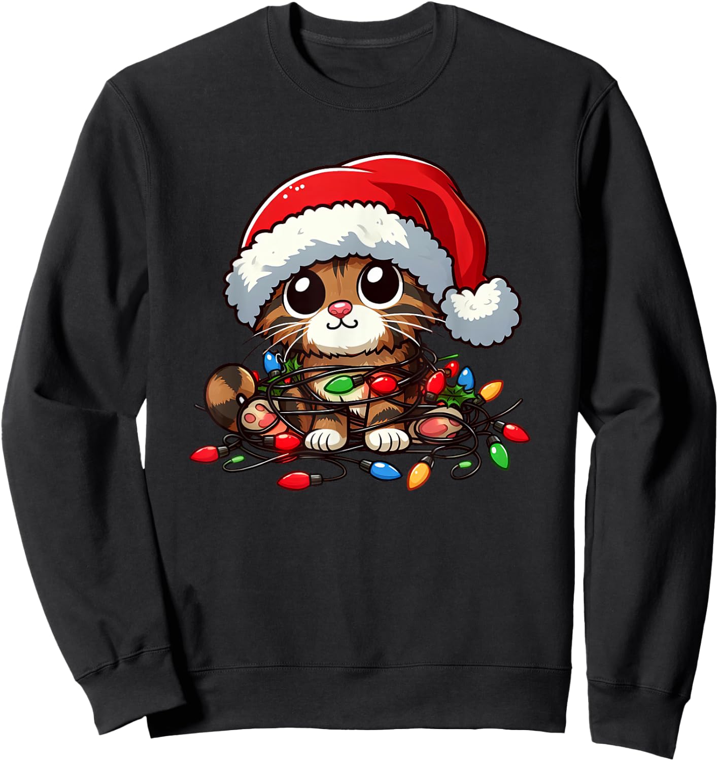 Brown Tabby Cat Christmas Lights Pet Funny Xmas Sweatshirt - Sweatshirt | Black