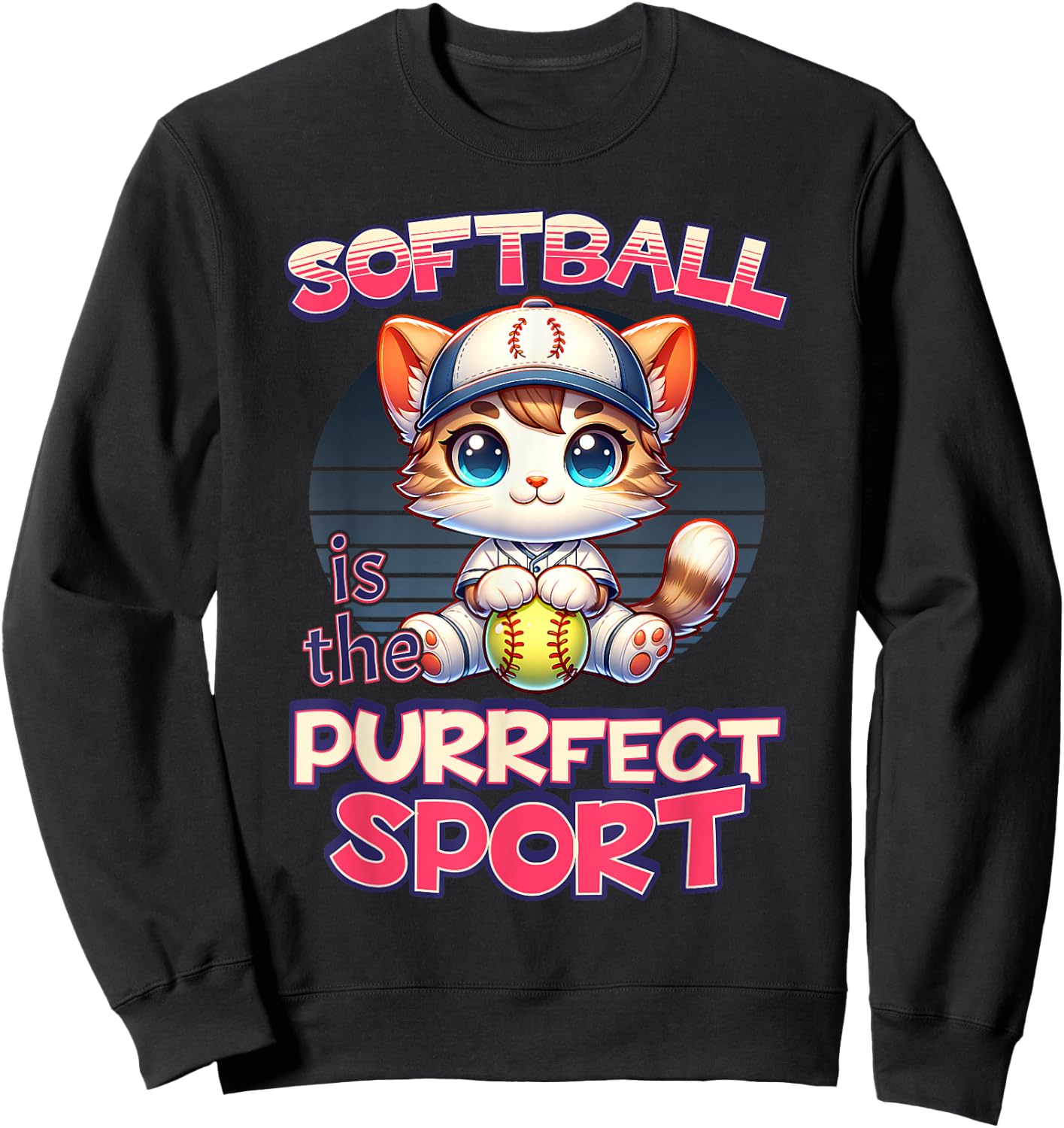 Softball is the Purrfect Sport Cute Kitty Cat Kitten Graphic Women Girls Kids Sweatshirt - Sweatshirt | Black
