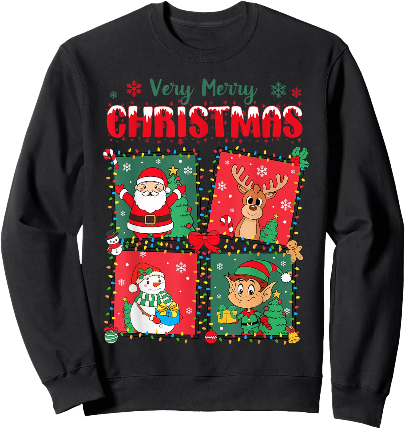 Very Merry Christmas Santa, Reindeer, Snowman, Elf Xmas Cute Sweatshirt - Sweatshirt | Black