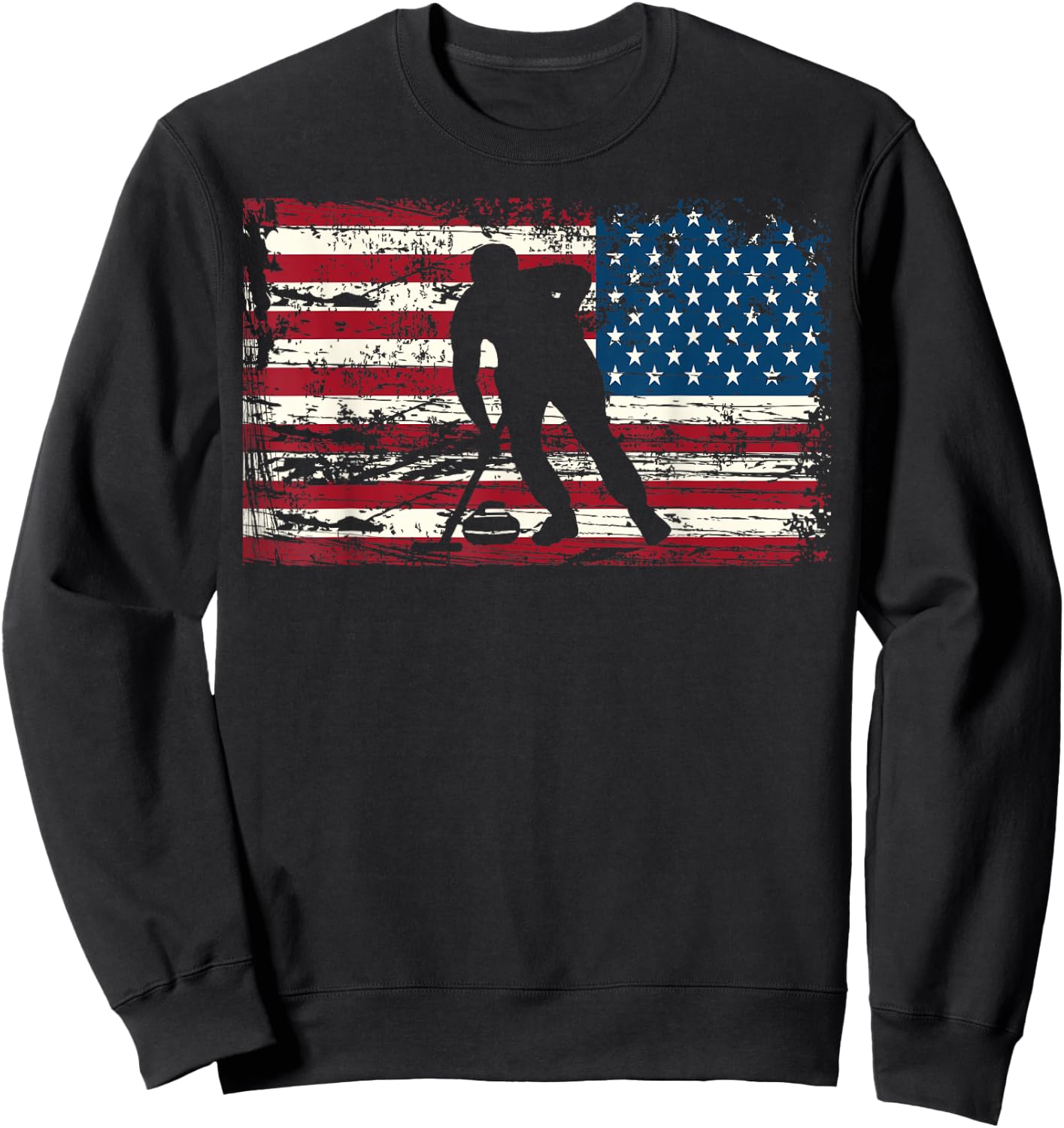Curling American Flag USA Winter Sports Man Woman Sweatshirt - Sweatshirt | Black