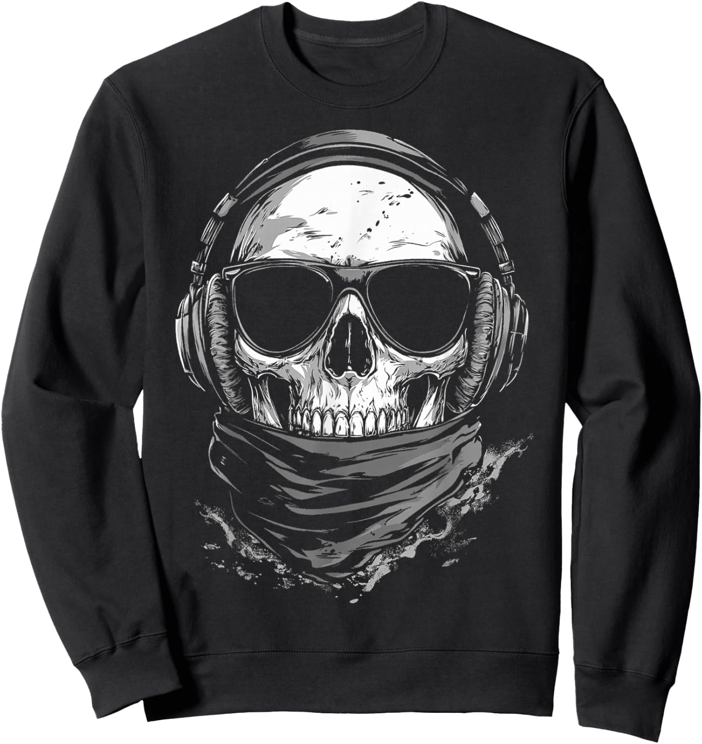 Skull Music Headphone Motif Sunglasses Artwork Skull Sweatshirt - Sweatshirt | Black