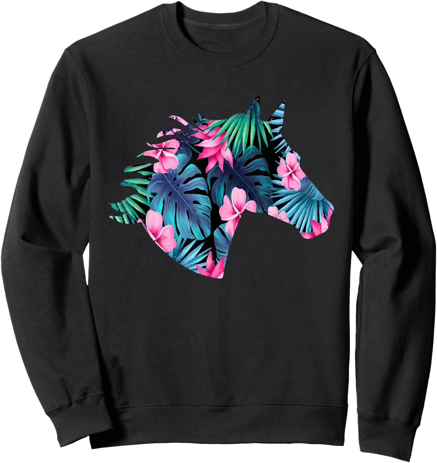 Horse Silhouette | For Horse Lover | Hawaiian Floral Sweatshirt - Sweatshirt | Black