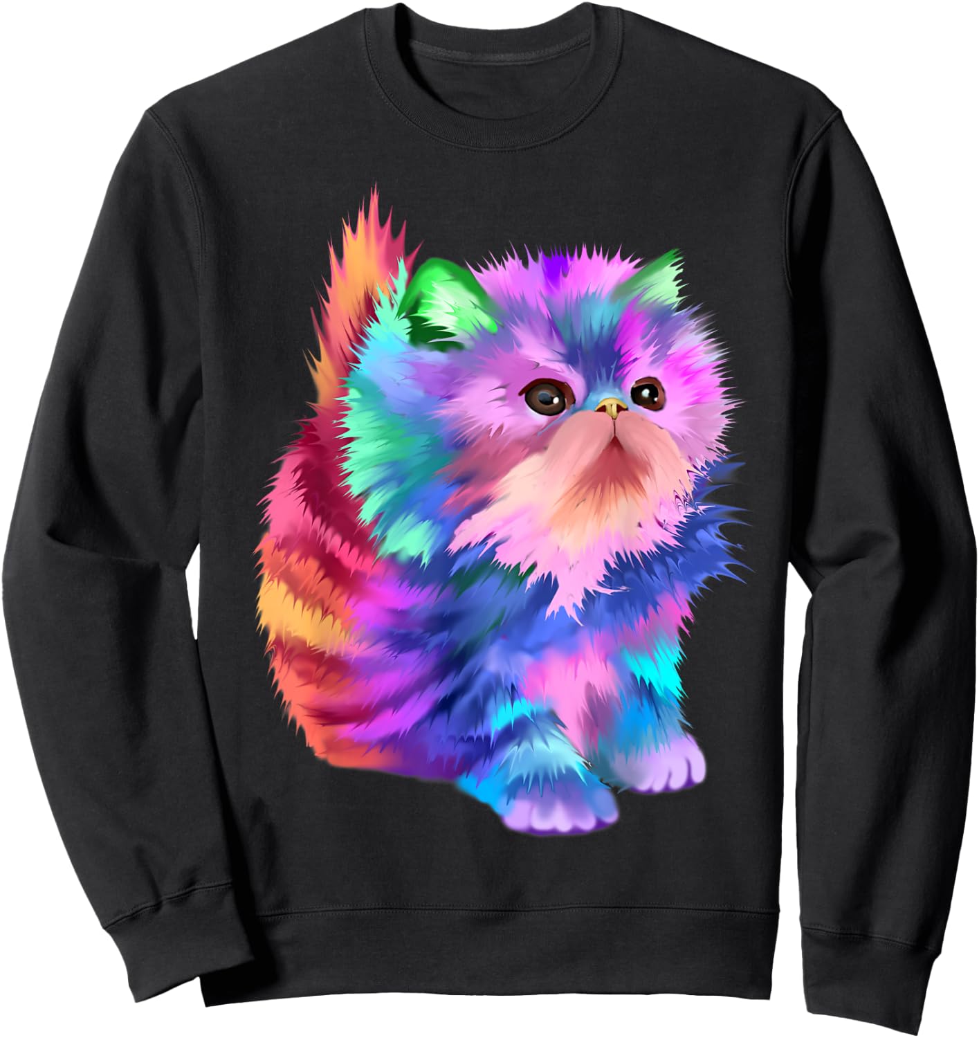 Starchild's Designs Women's Retro Rainbow Kitten Rave Psychedelic Cat Sweatshirt - Sweatshirt | Black