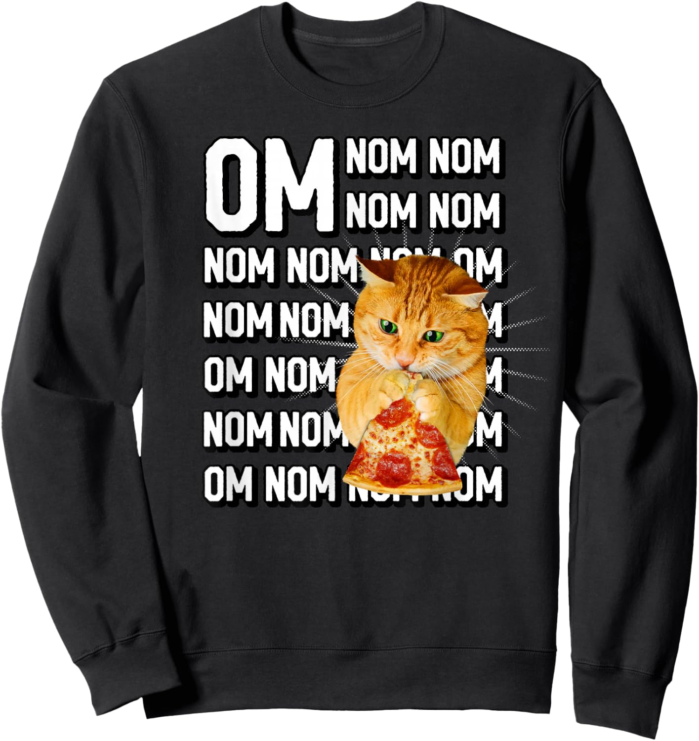 Funny Om Nom Nom Orange Cat Eating Pepperoni Pizza Sweatshirt - Sweatshirt | Black