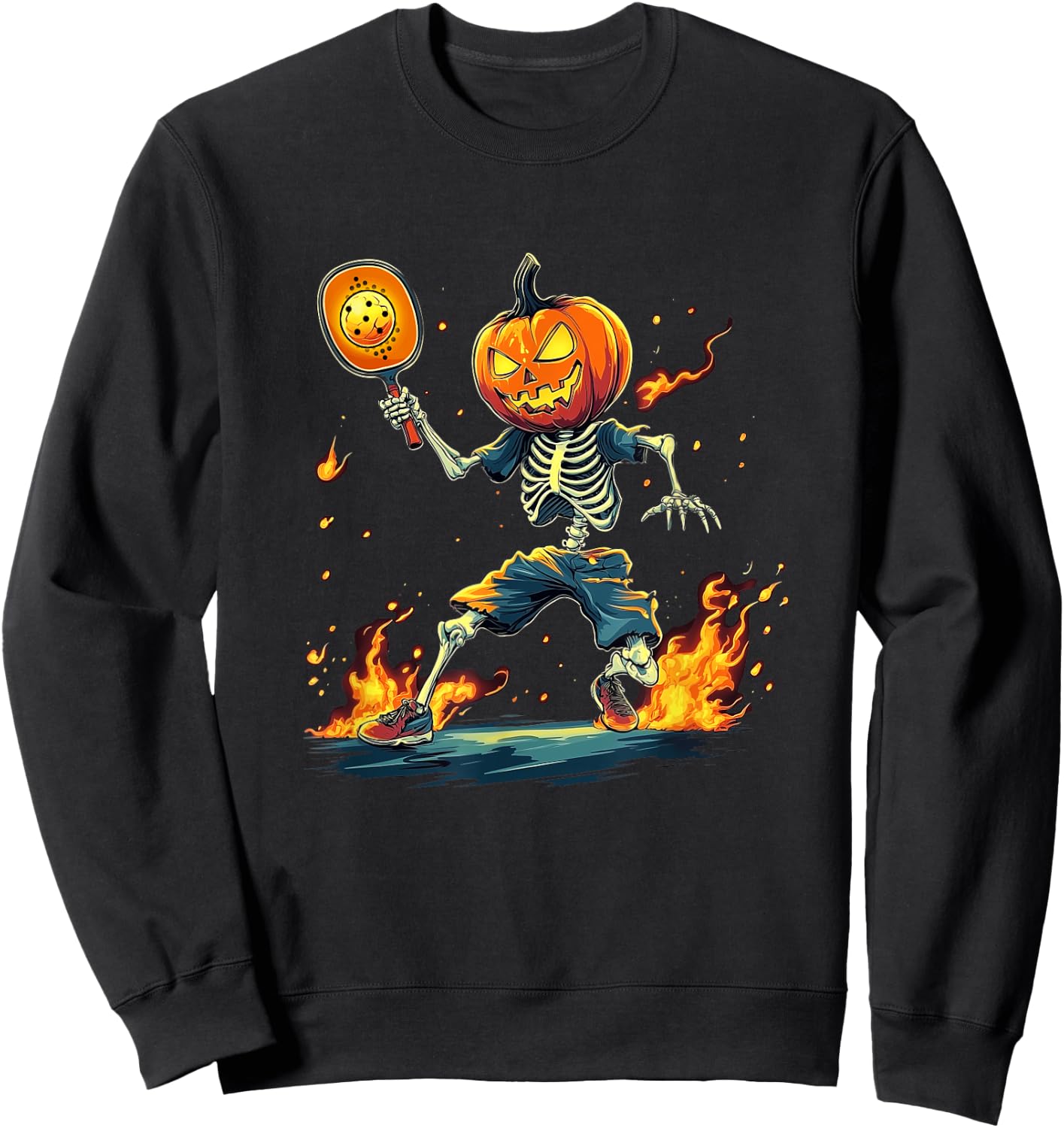 Pumpkin Head Skeleton Pickleball Halloween Spooky Sports Sweatshirt - Sweatshirt | Black