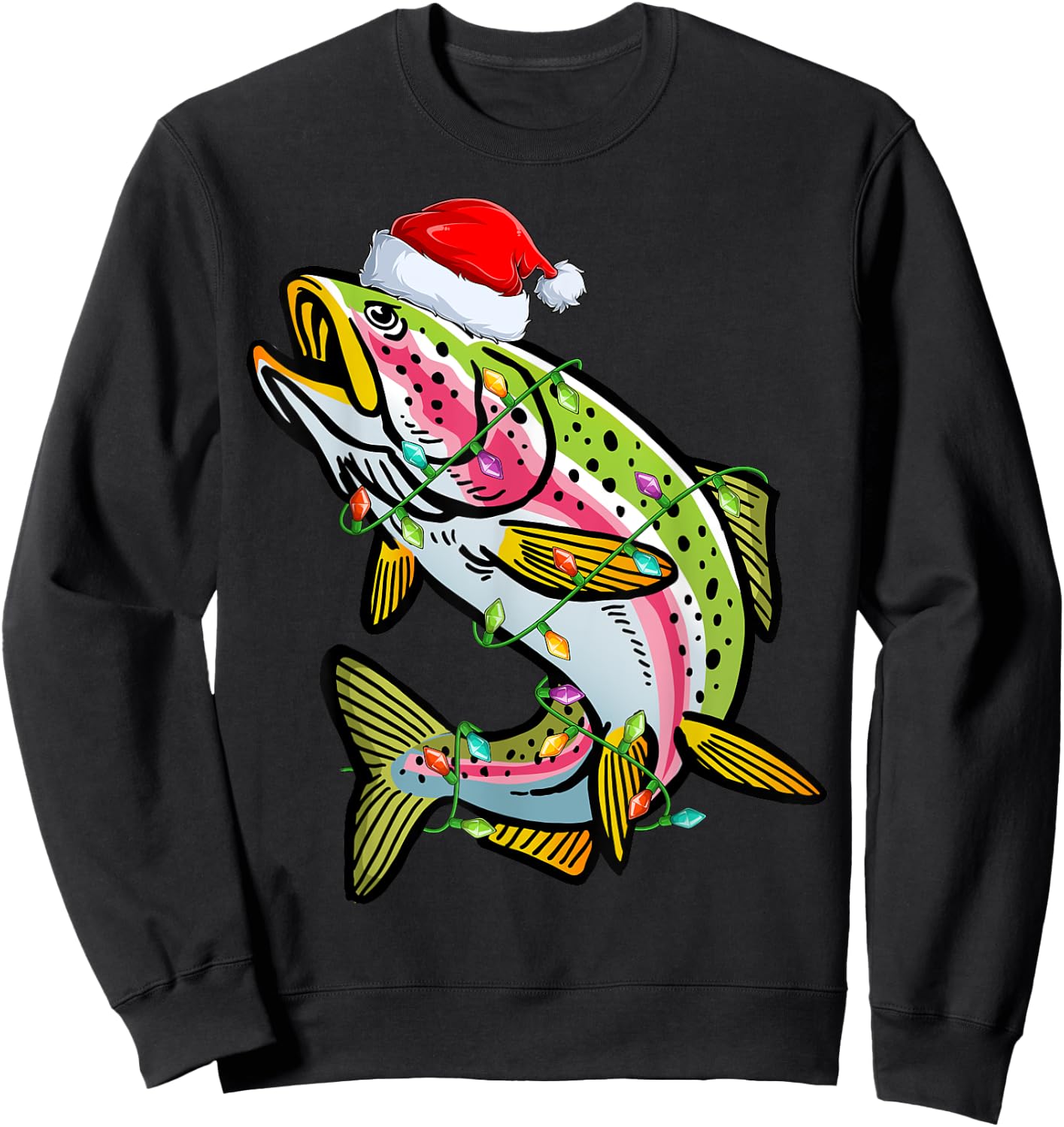 Xmas Lights Santa Hat Rainbow Trout Fish Christmas Sweatshirt - Sweatshirt | Black