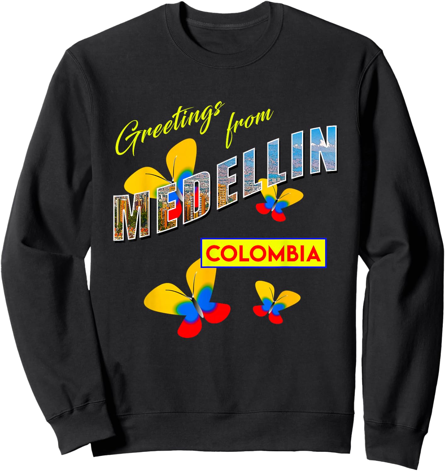 Greetings From Medellin Colombia Retro Postcard Style Sweatshirt - Sweatshirt | Black