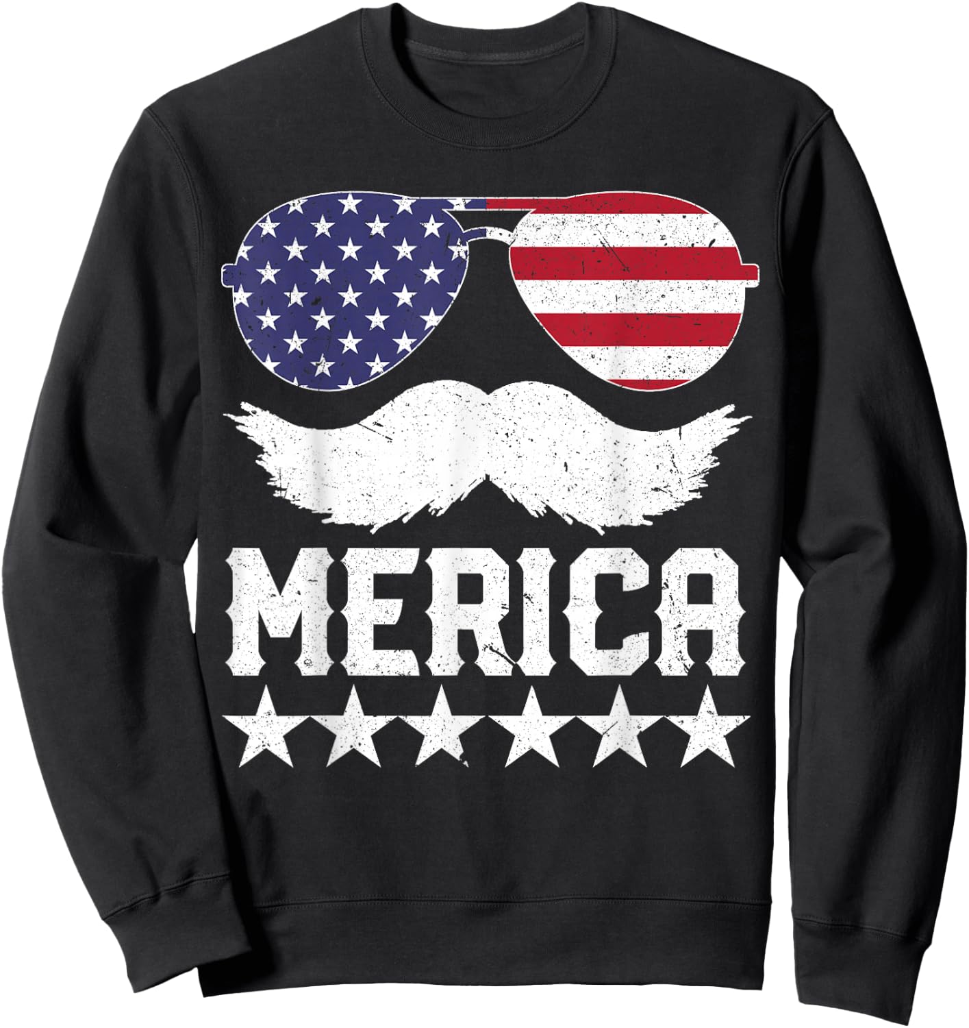 4th of July T Shirt Women Men MERICA America Flag Mustache Sweatshirt - Sweatshirt | Black