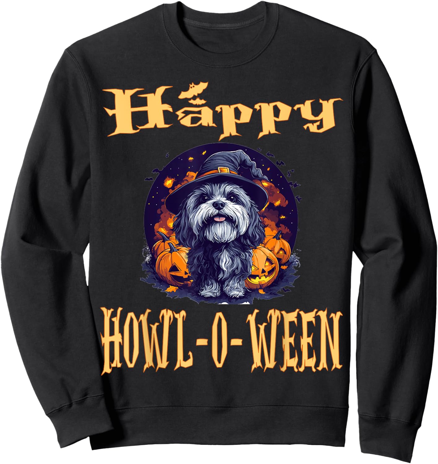 Havanese Dog Whitch Hat Halloween Pumpkin Spooky Happy Sweatshirt - Sweatshirt | Black