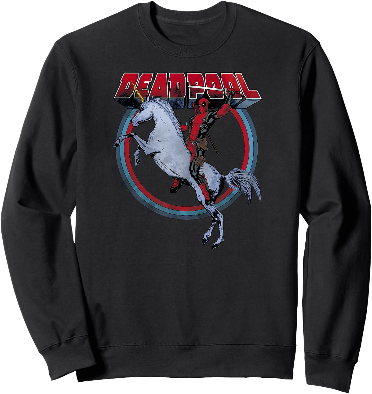 Marvel Deadpool Riding A Unicorn Circle Graphic C1 Sweatshirt - Sweatshirt | Black