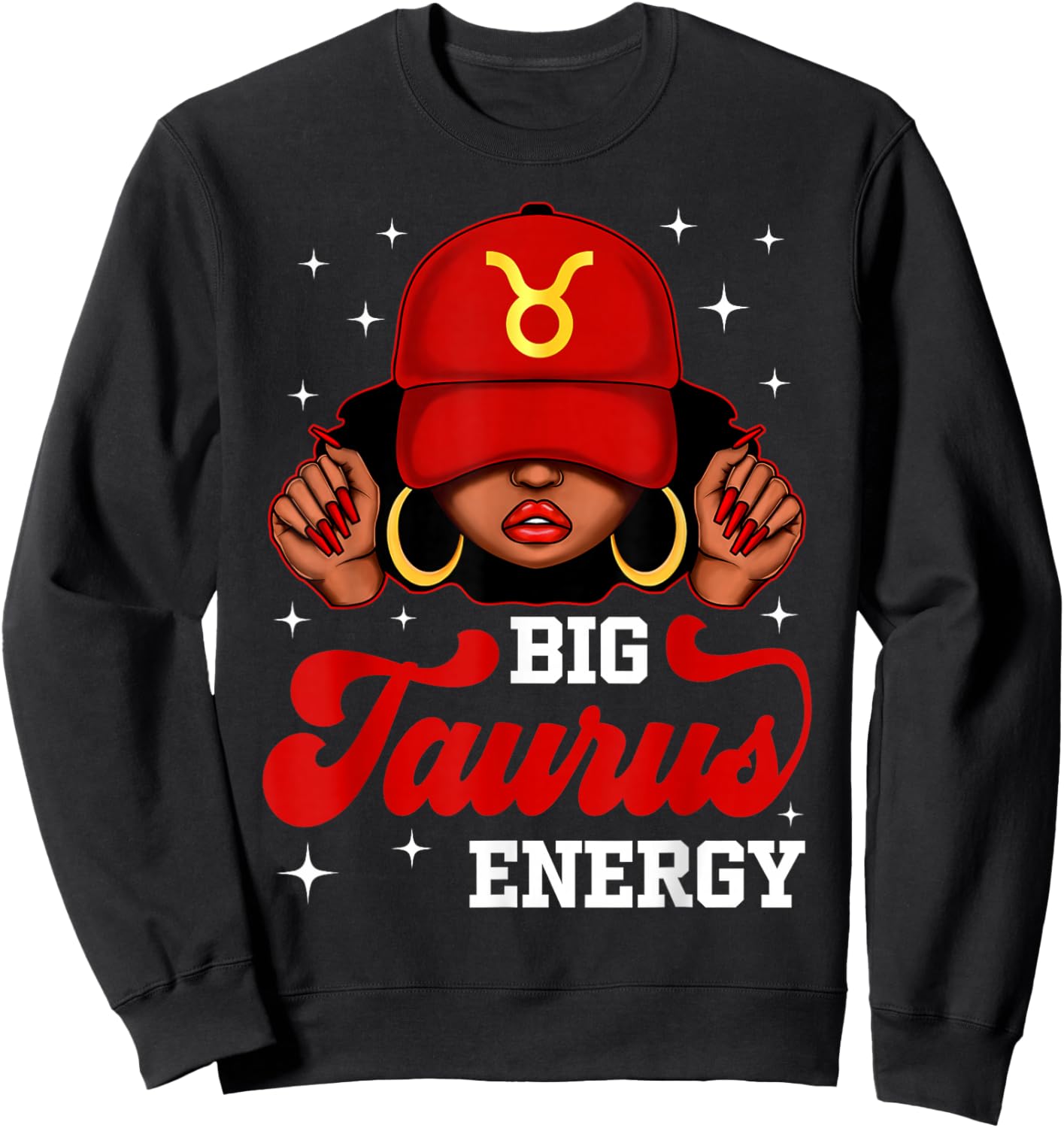 Big Taurus Energy Black Woman with Red Cap Zodiac Sweatshirt - Sweatshirt | Black