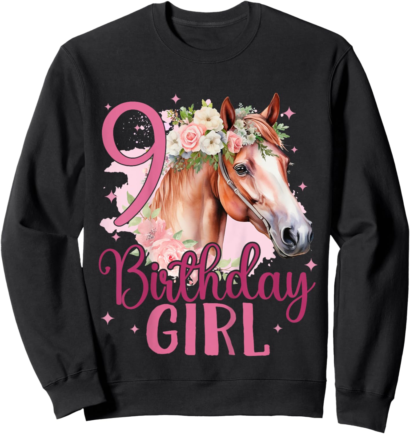 Kids 9th Birthday Horse Girl 9 Years Old Nine 9 Birthday Girl Sweatshirt - Sweatshirt | Black