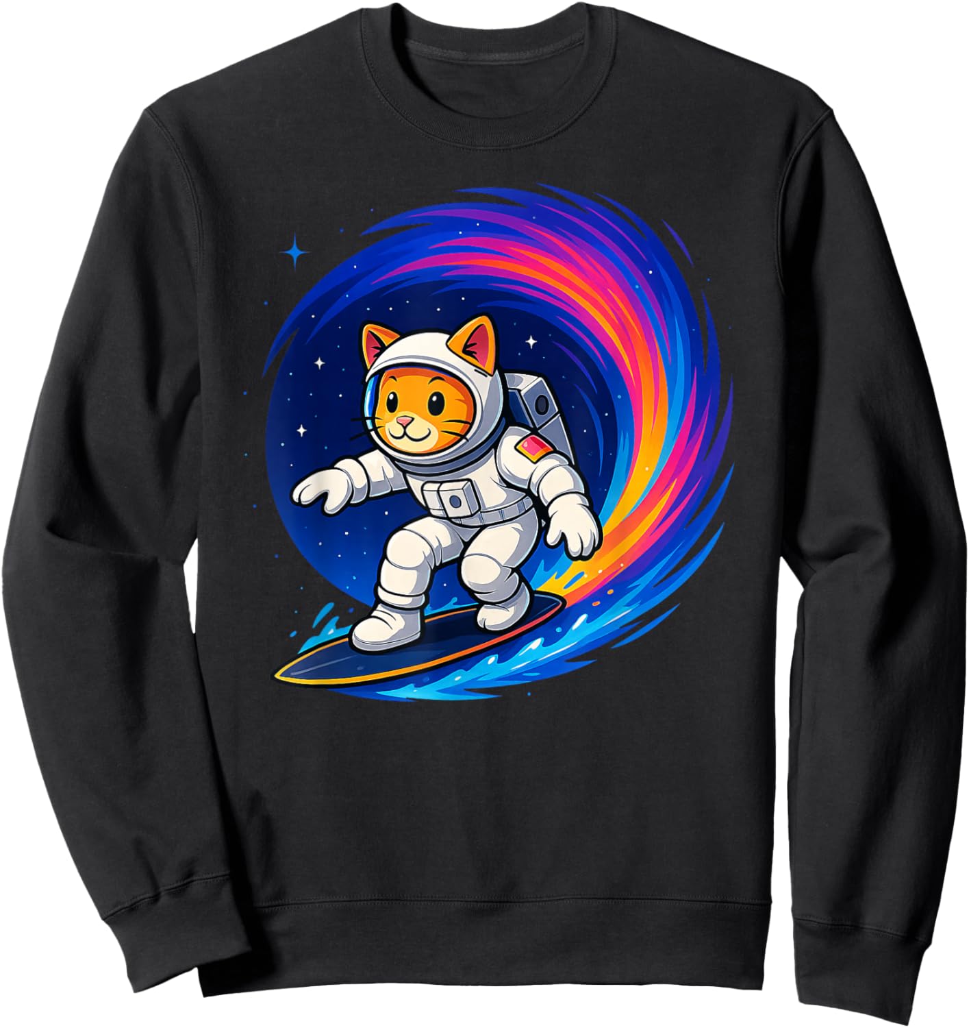 Funny Orange Cat Astronaut Surfing Colorful Rainbow Space Sweatshirt - Sweatshirt | Black