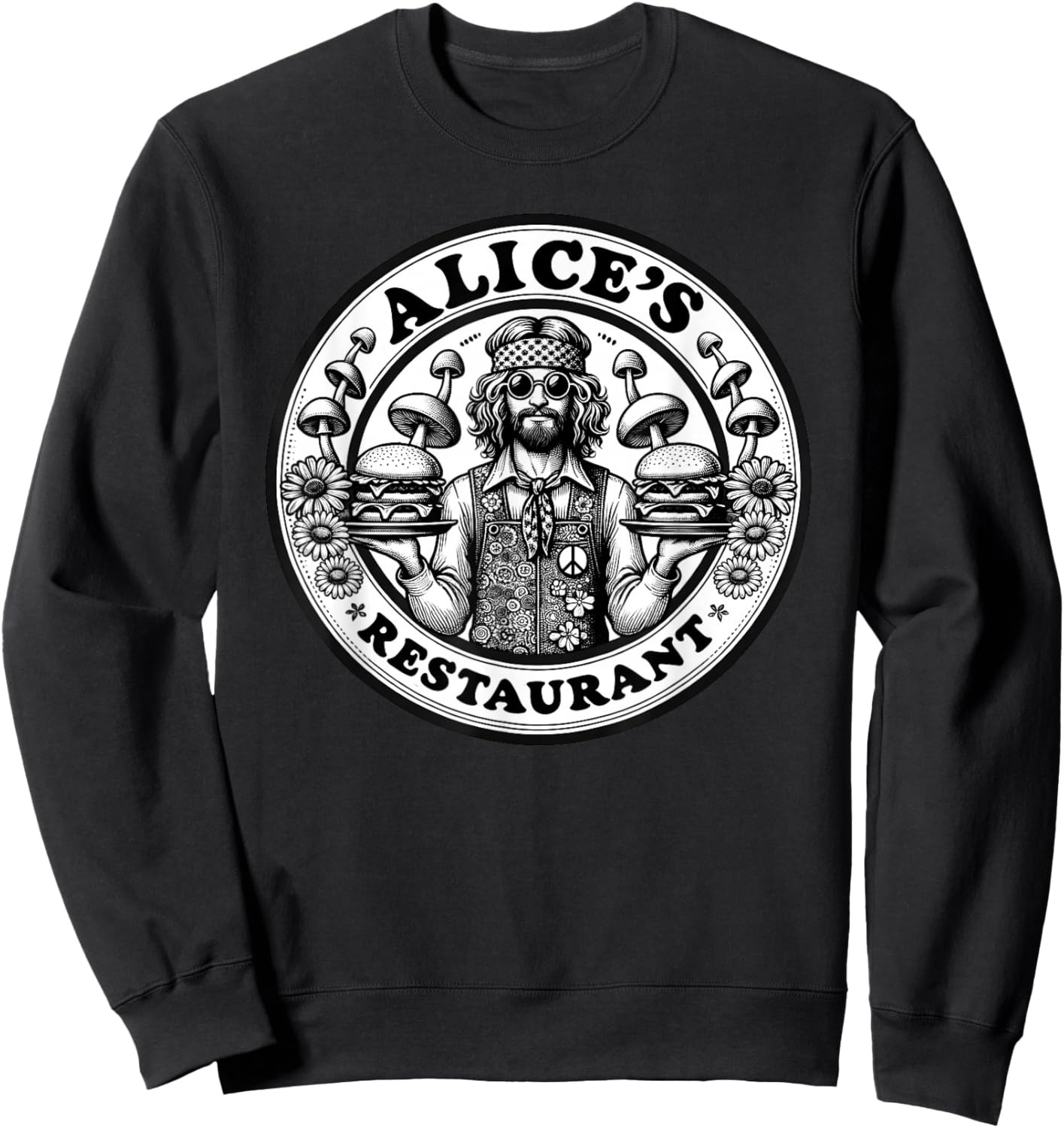 Retro Hippie Mushroom Hamburger Waiter Alice's Restaurant Sweatshirt - Sweatshirt | Black