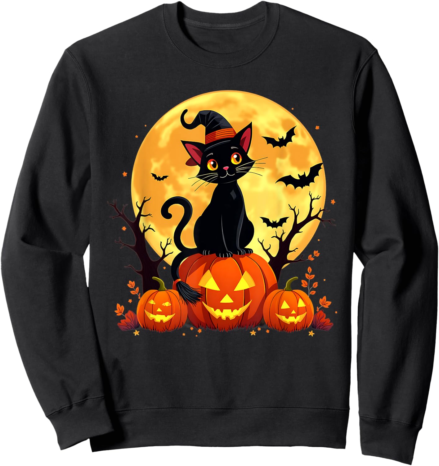 Retro Black Cat Pumpkin Halloween Costume Fall Autumn Season Women Kids Sweatshirt - Sweatshirt | Black