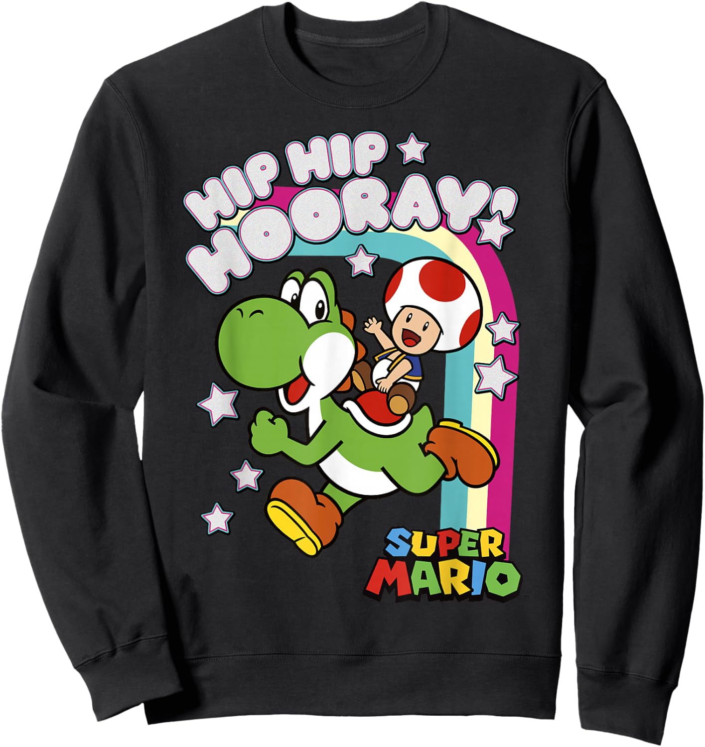 Super Mario Yoshi and Toad Hip Hip Hooray Rainbow Sweatshirt - Sweatshirt | Black