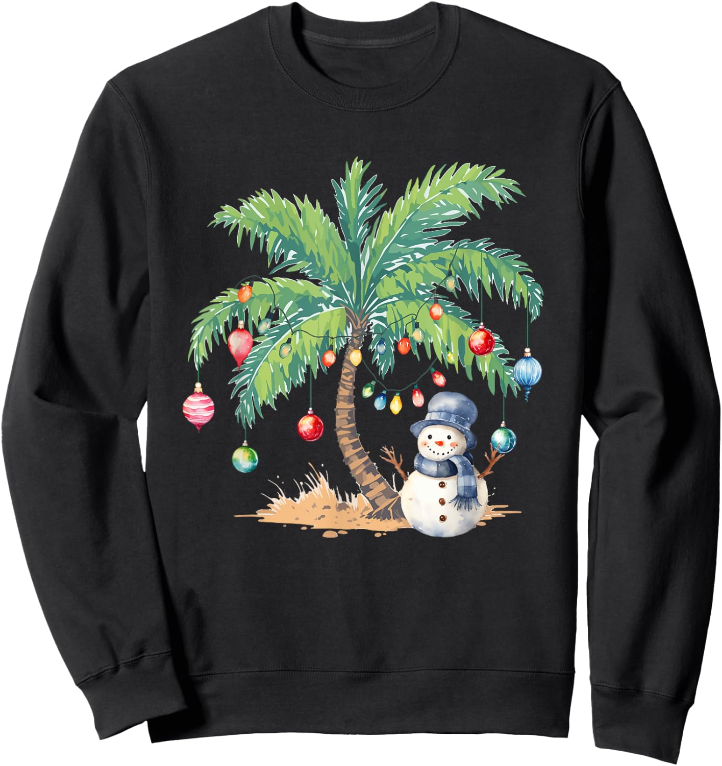 Vintage Palm Tree Snowman Tropical Christmas Deck The Palms Sweatshirt - Sweatshirt | Black