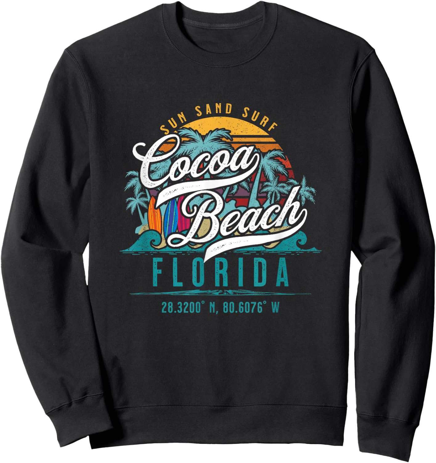 Cocoa Beach Florida Retro Sun Sand Surf Surfing Palm Trees Sweatshirt - Sweatshirt | Black