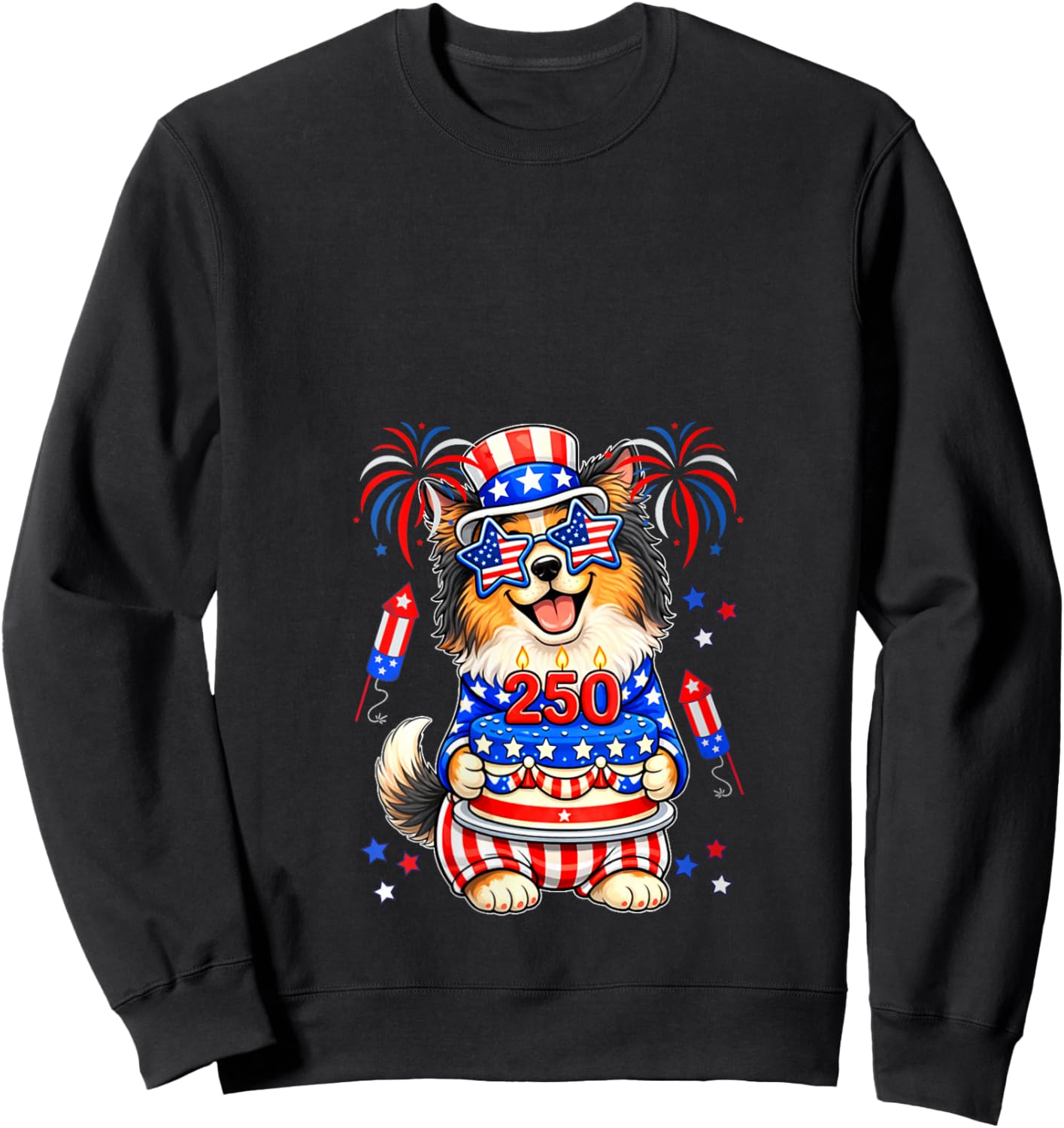 Women's 250 Proud 4th July US Flag Sheltie Sunglasses Birthday Cake V-Neck Sweatshirt - Sweatshirt | Black