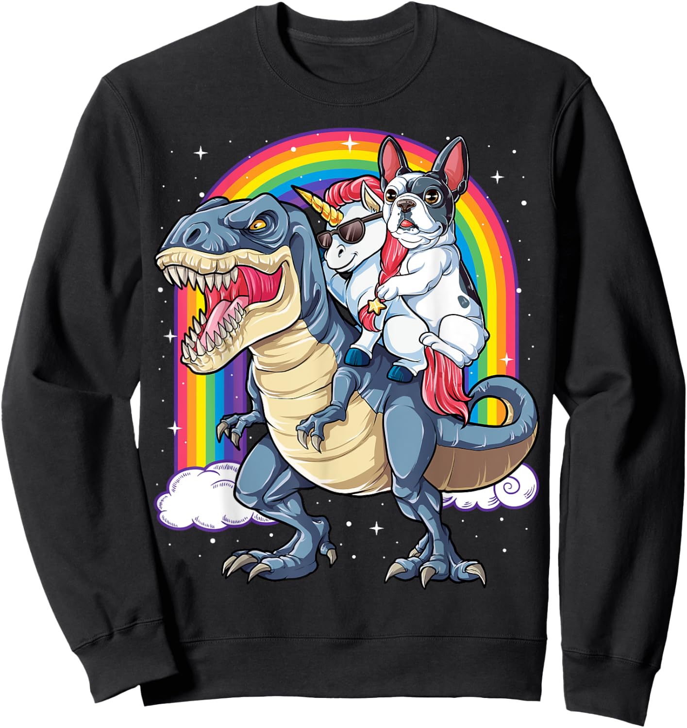 French Bulldog Unicorn Dinosaur T rex T shirt Girls Rainbow Sweatshirt - Sweatshirt | Black
