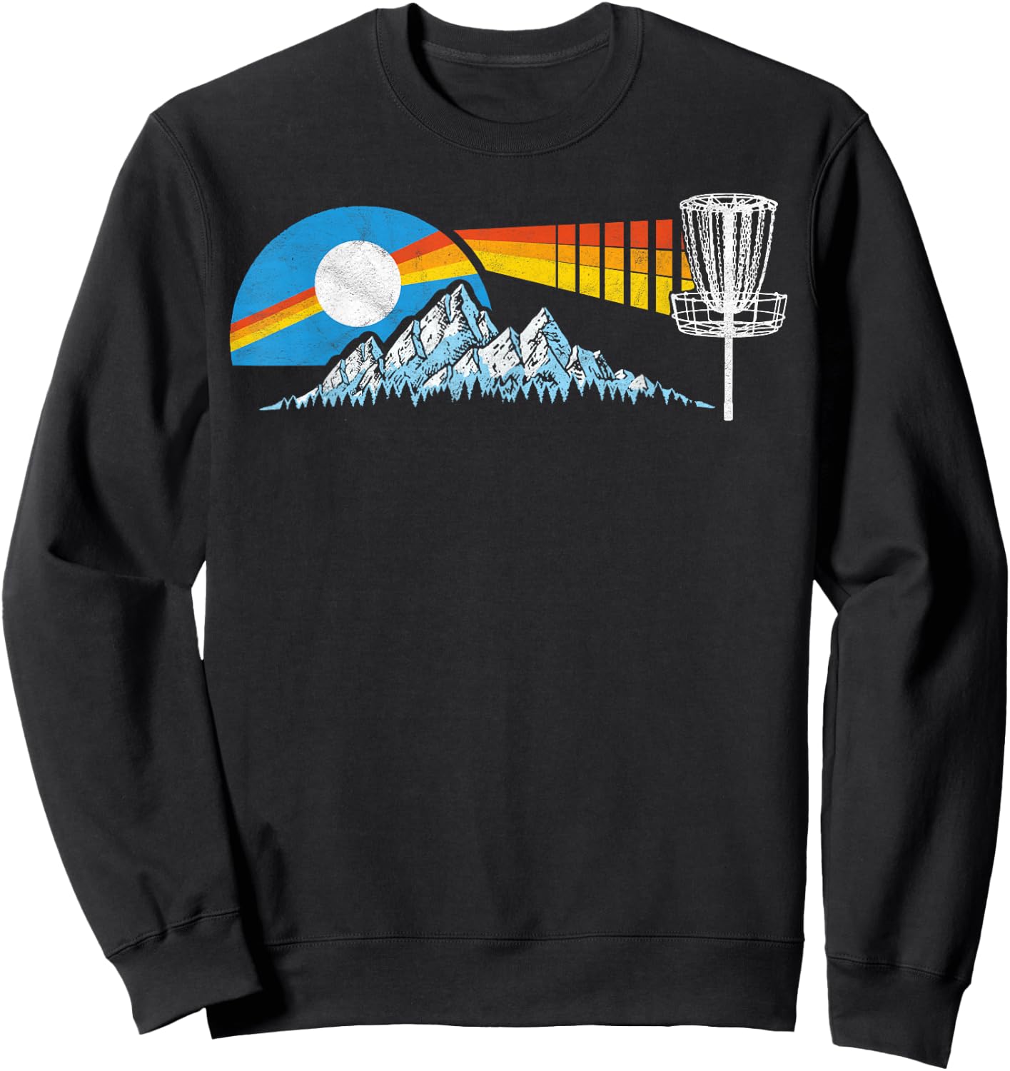 Disc Golf Distressed Mountains & Sun 80s Vintage Sweatshirt - Sweatshirt | Black