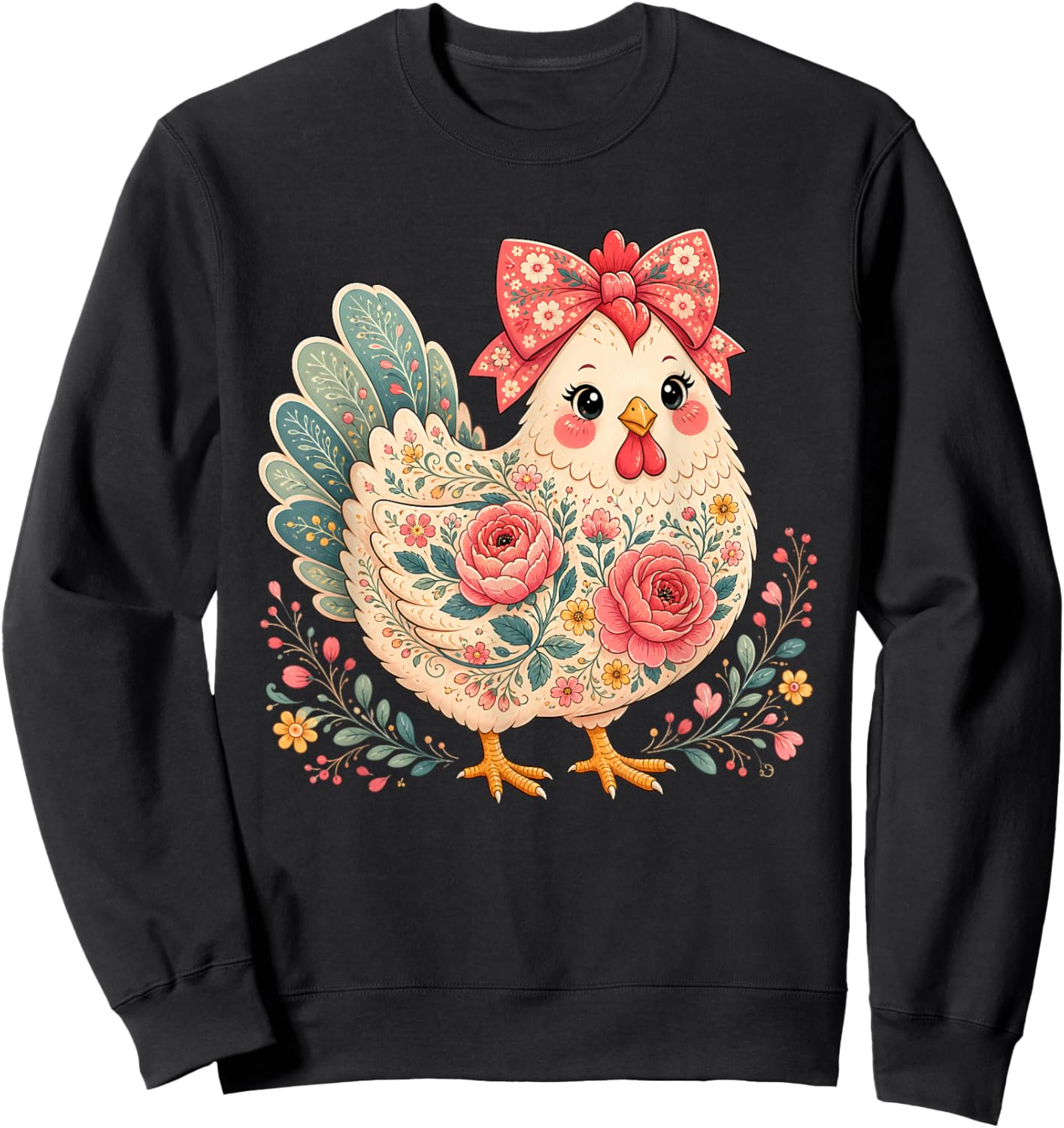 Chicken Lover Girls Women Floral Flower Bow Cute Sweatshirt - Sweatshirt | Black