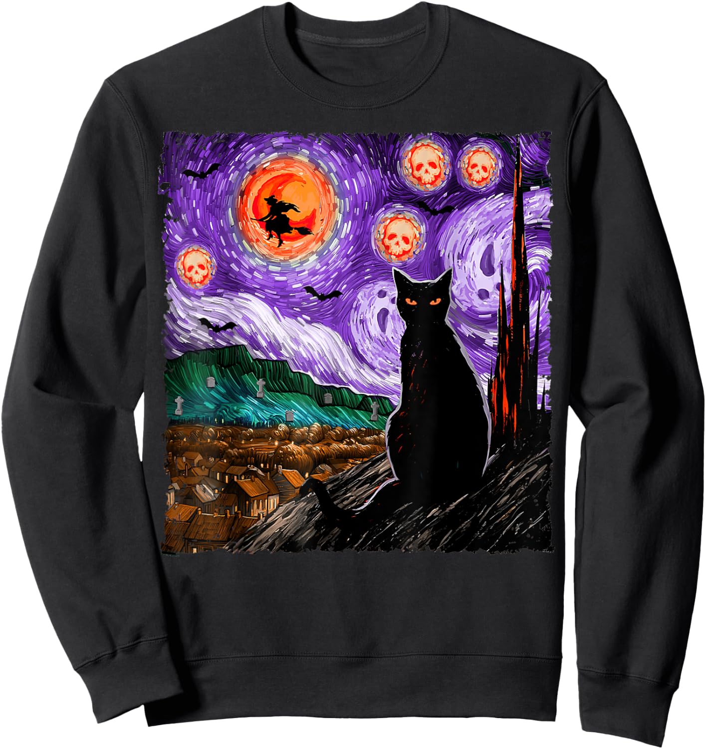 Halloween Starry Night Black Cat Kitten Spooky Ghost Witch Sweatshirt - Sweatshirt | Black