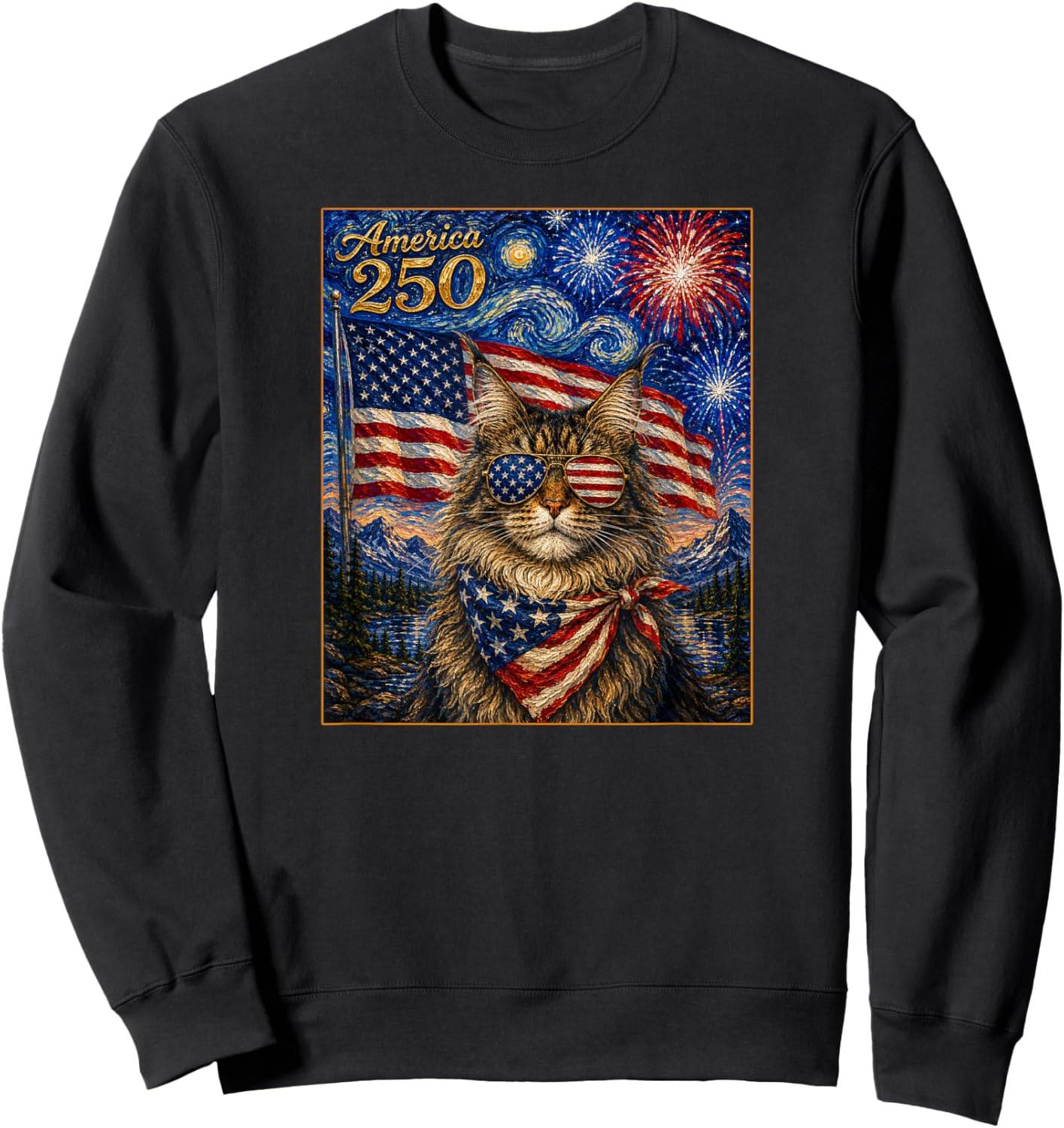 Main Coon Cat Art America 250 Anniversay 4 of July USA Flag Sweatshirt - Sweatshirt | Black