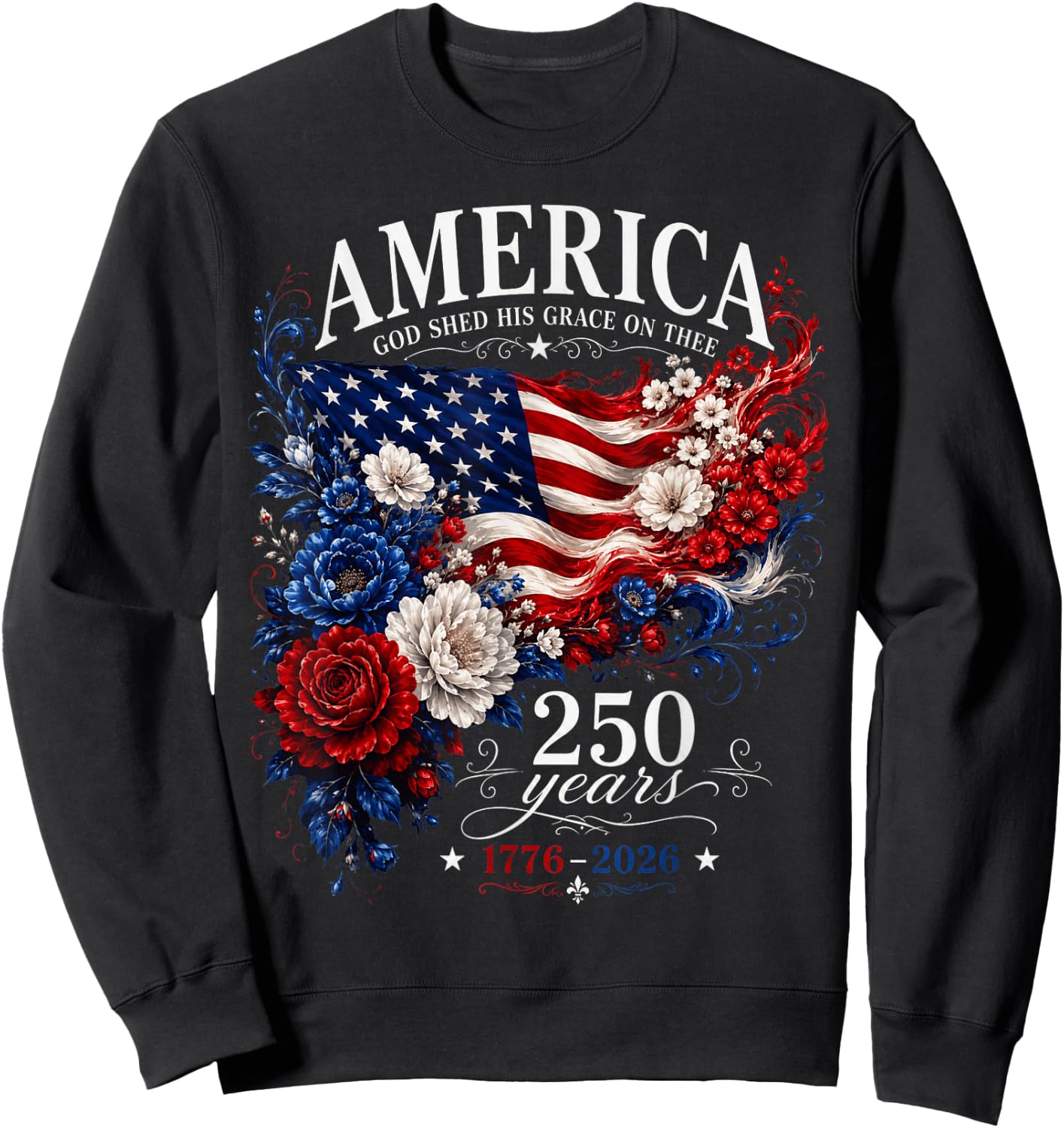America Flag Floral 250 Years 4th July Girl Sweatshirt - Sweatshirt | Black
